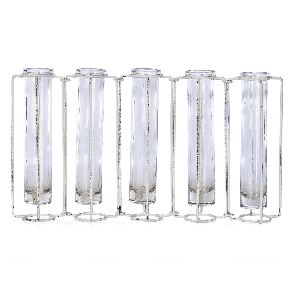 Rustic White Metal and Glass 5 Bud Vase