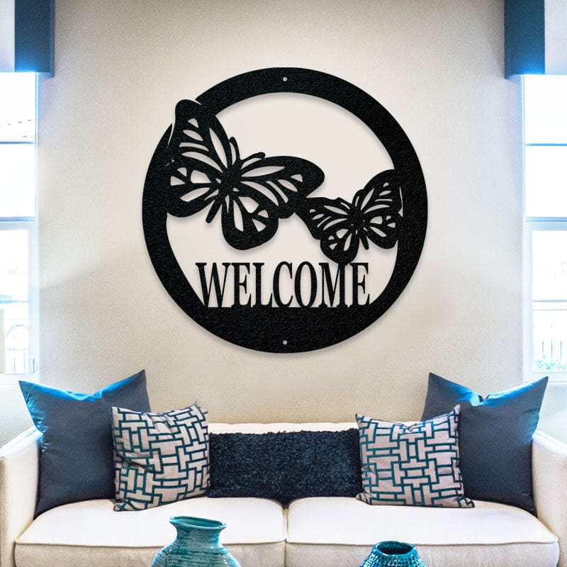 Circle Butterfly Welcome Sign - Custom Metal Wall Art For Front Door & Garden Décor