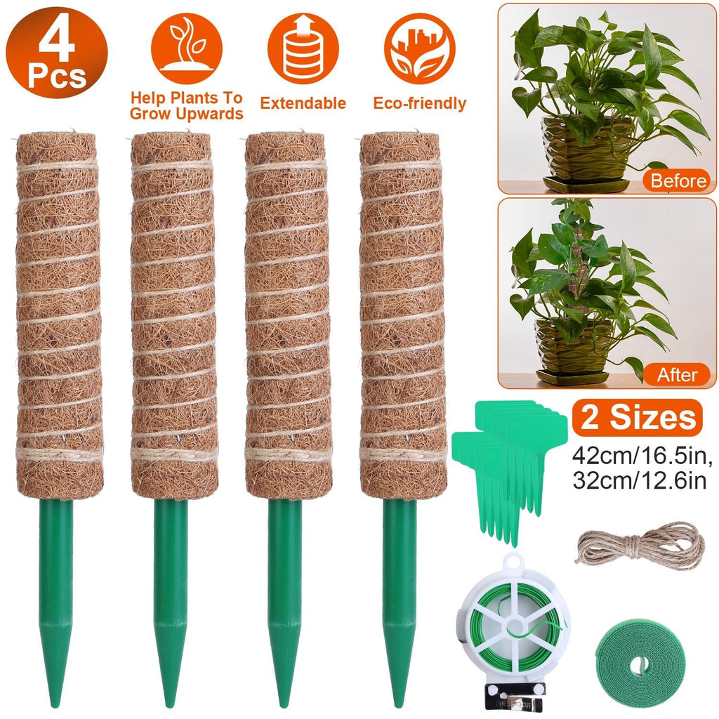 4Pcs Coco Coir Extendable Moss Pole for Climbing Plants Plant Support with 10 Labels 6.6Feet Jute Rope 6.6 Feet Fasten Strap 65.6 Feet Twist Tie Indoo