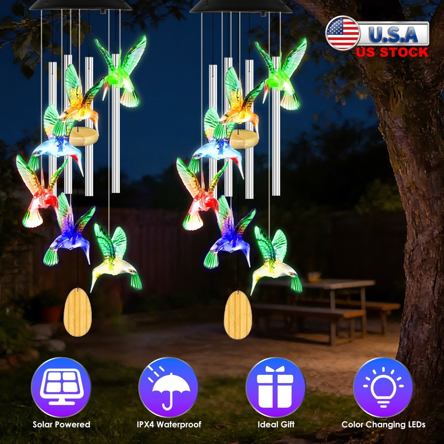 Solar Hummingbird Wind Chime with Aluminum Tubes 7 Color Changing Wind Chime for Outside IPX4 Waterproof Outdoor Garden Yard Decor