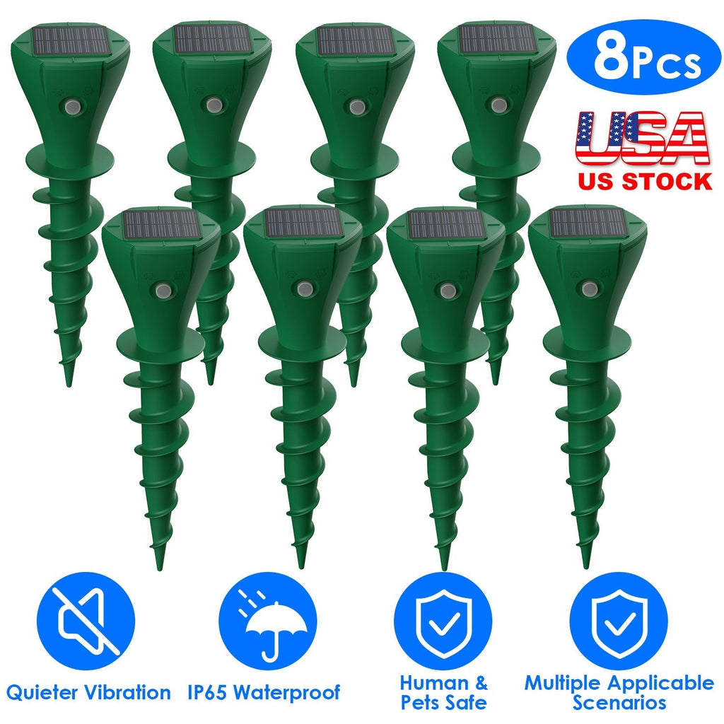 8Pcs Solar Powered Mole Repellent Waterproof Solar Animal Repellers for Moles Gophers Groundhogs Snakes Voles Outdoor Vibration Stake For Farm Garden