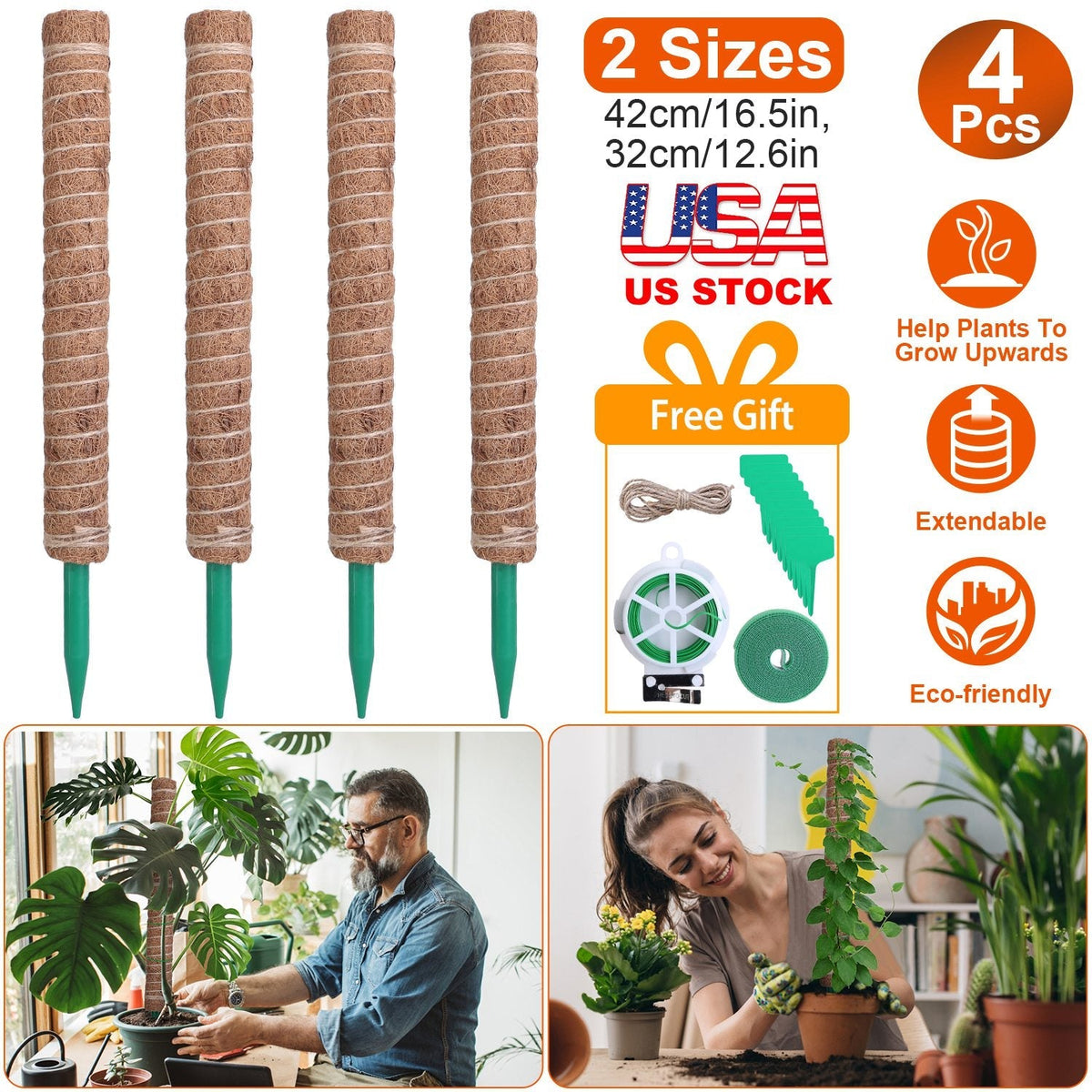 4Pcs Coco Coir Extendable Moss Pole for Climbing Plants Plant Support with 10 Labels 6.6Feet Jute Rope 6.6 Feet Fasten Strap 65.6 Feet Twist Tie Indoo