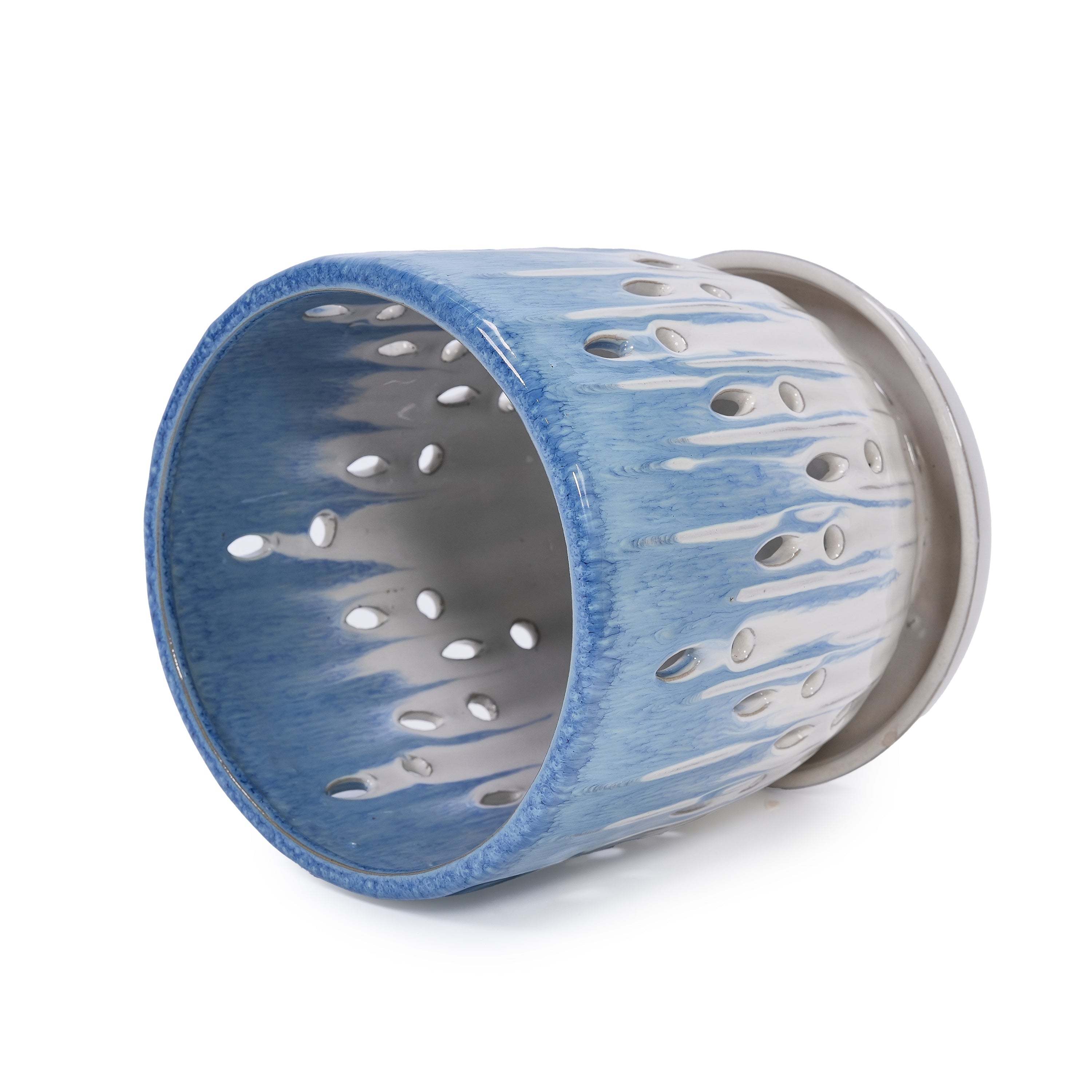 Set of 2 Ceramic Flowerpot with Drainage Hole, 8' Modern Planter for Patio, Garden, Windowsill - White Blue