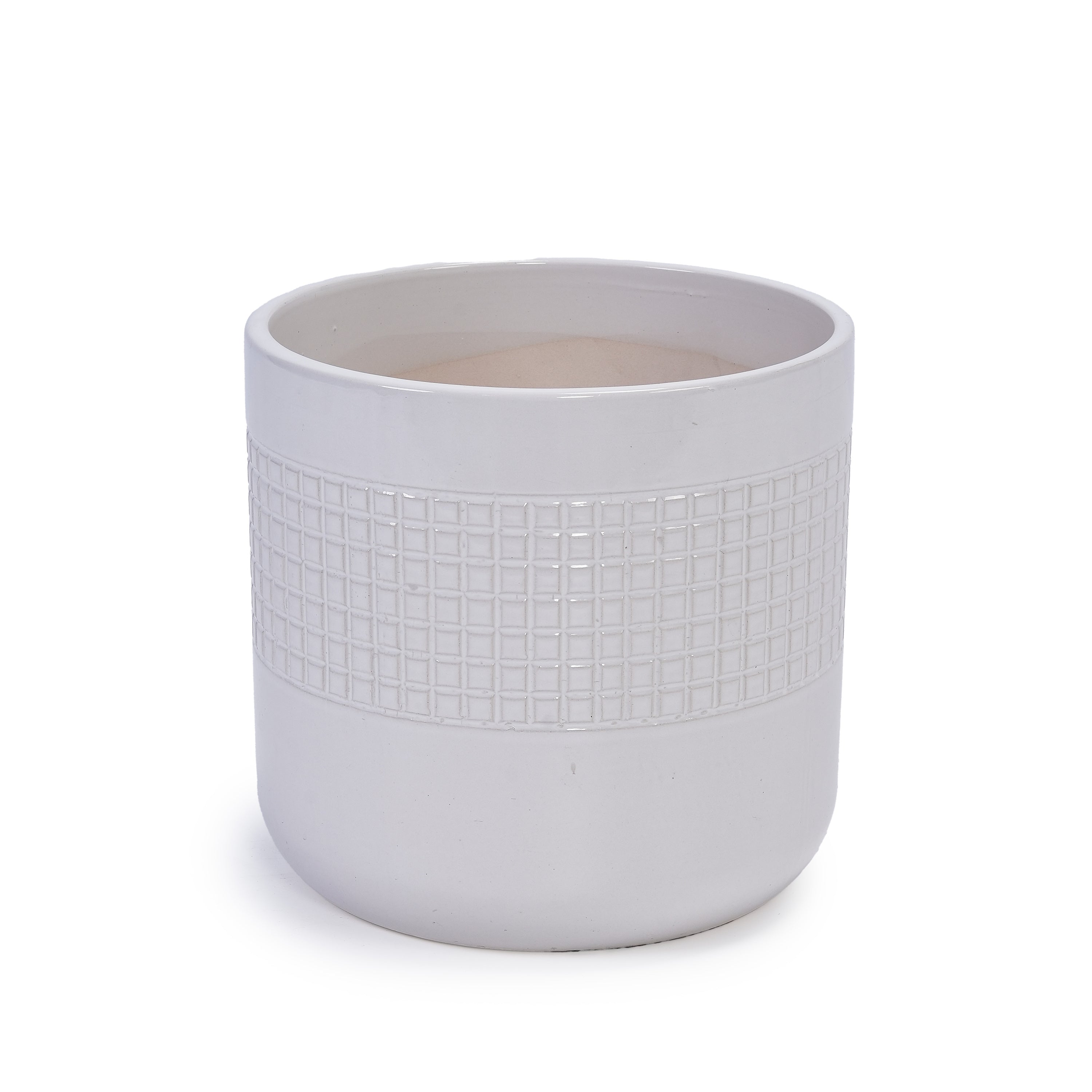 Set of 3 Grid Ceramic Flowerpot, Modern Planter for Patio, Garden, Windowsill - Ancient White