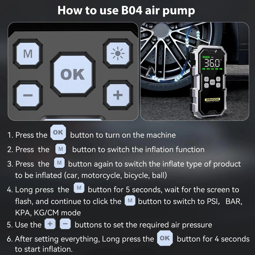MANDOTOS Car Jump Starter Pro With Air Compressor 6000A 21800mAh LCD Display Portable Booster Charger