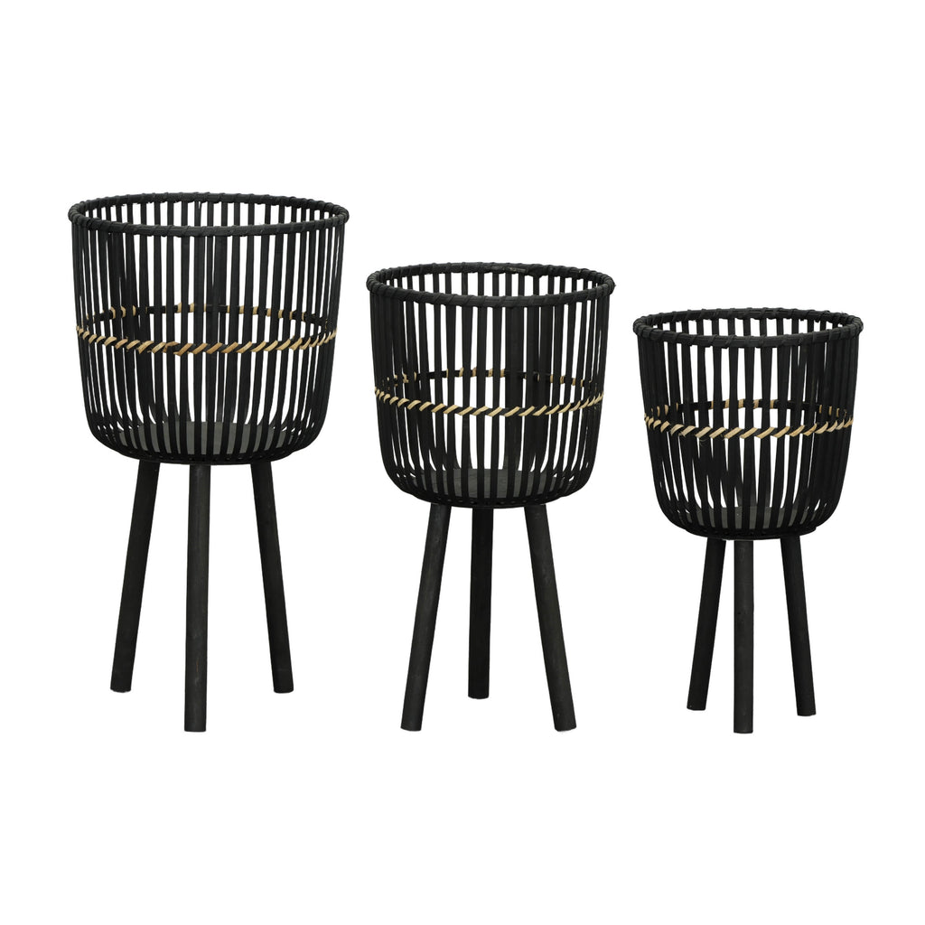 S/3 BAMBOO FOOTED PLANTERS 11/13/15', BLACK