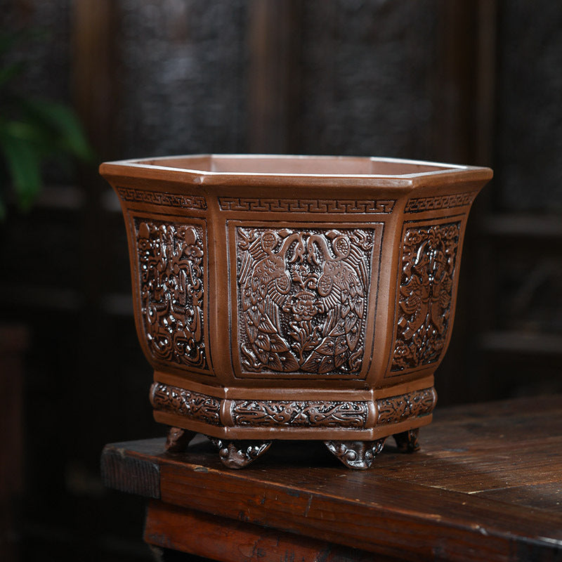 Purple Sand Flowerpot Clivia Antique-Style Relief