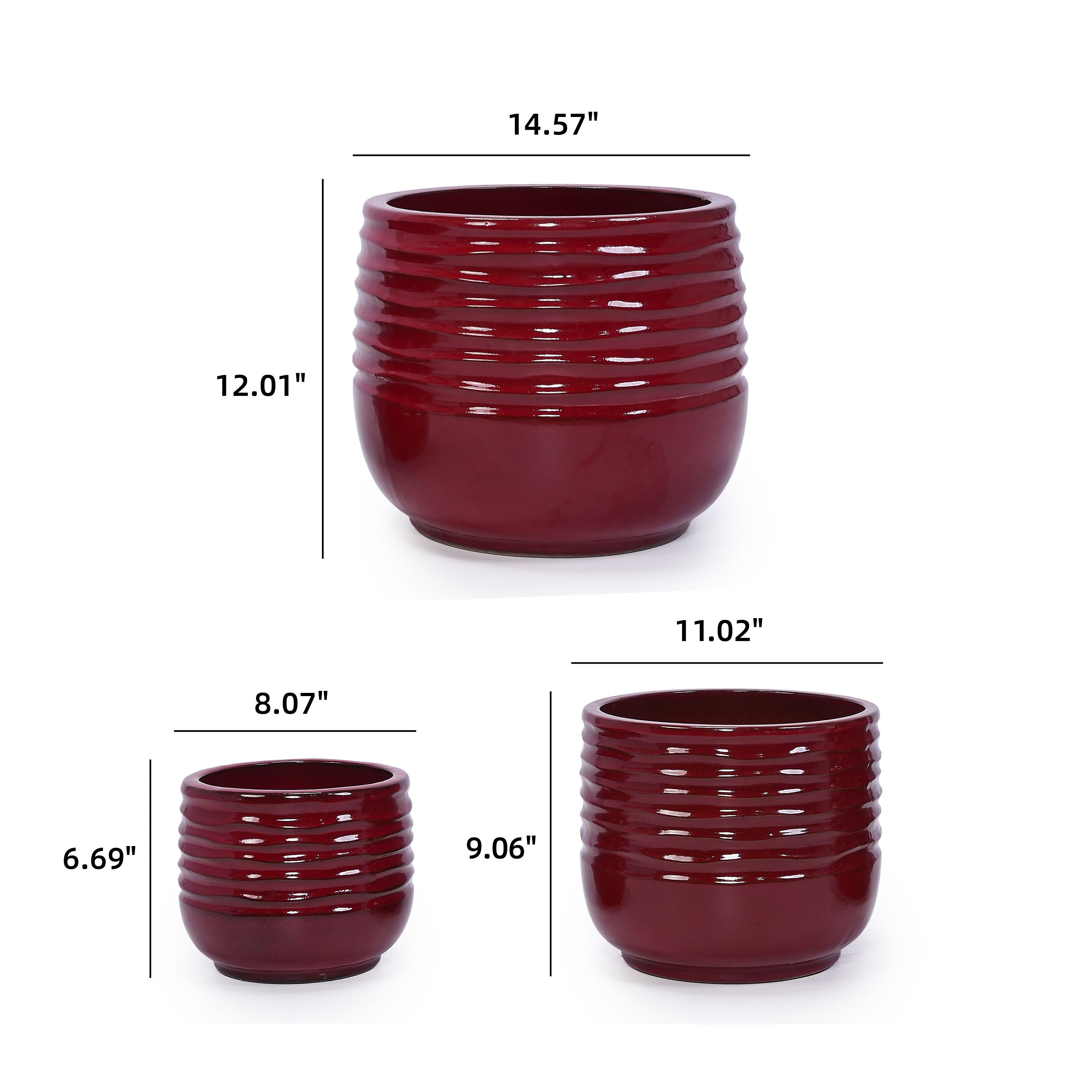 3 Pieces Ceramic Flowerpot, Modern Planter for Patio, Garden or Windowsills - Bean Paste Red