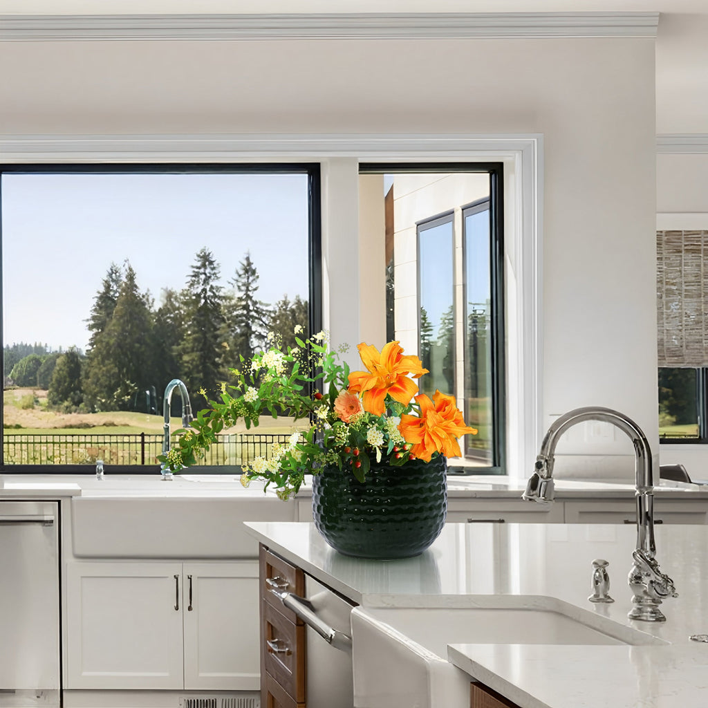 3 Pieces Ceramic Flowerpot, Modern Planter for Patio, Garden or Windowsills - Dark Green