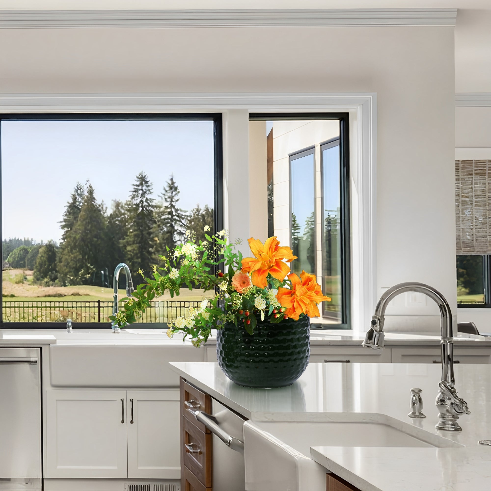 3 Pieces Ceramic Flowerpot, Modern Planter for Patio, Garden or Windowsills - Dark Green