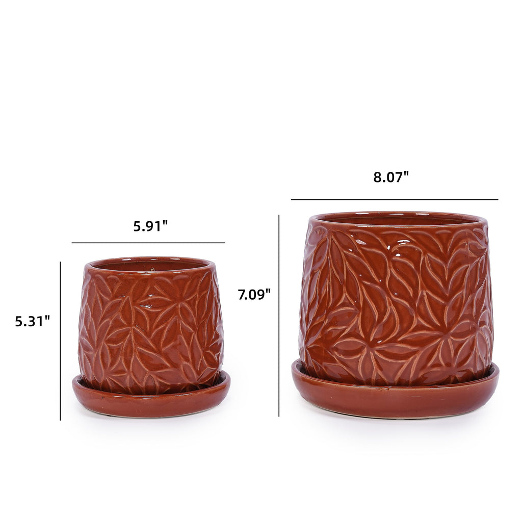 Set of 2 Ceramic Flowerpot, 7' Modern Planter for Patio, Garden, Windowsill - Red