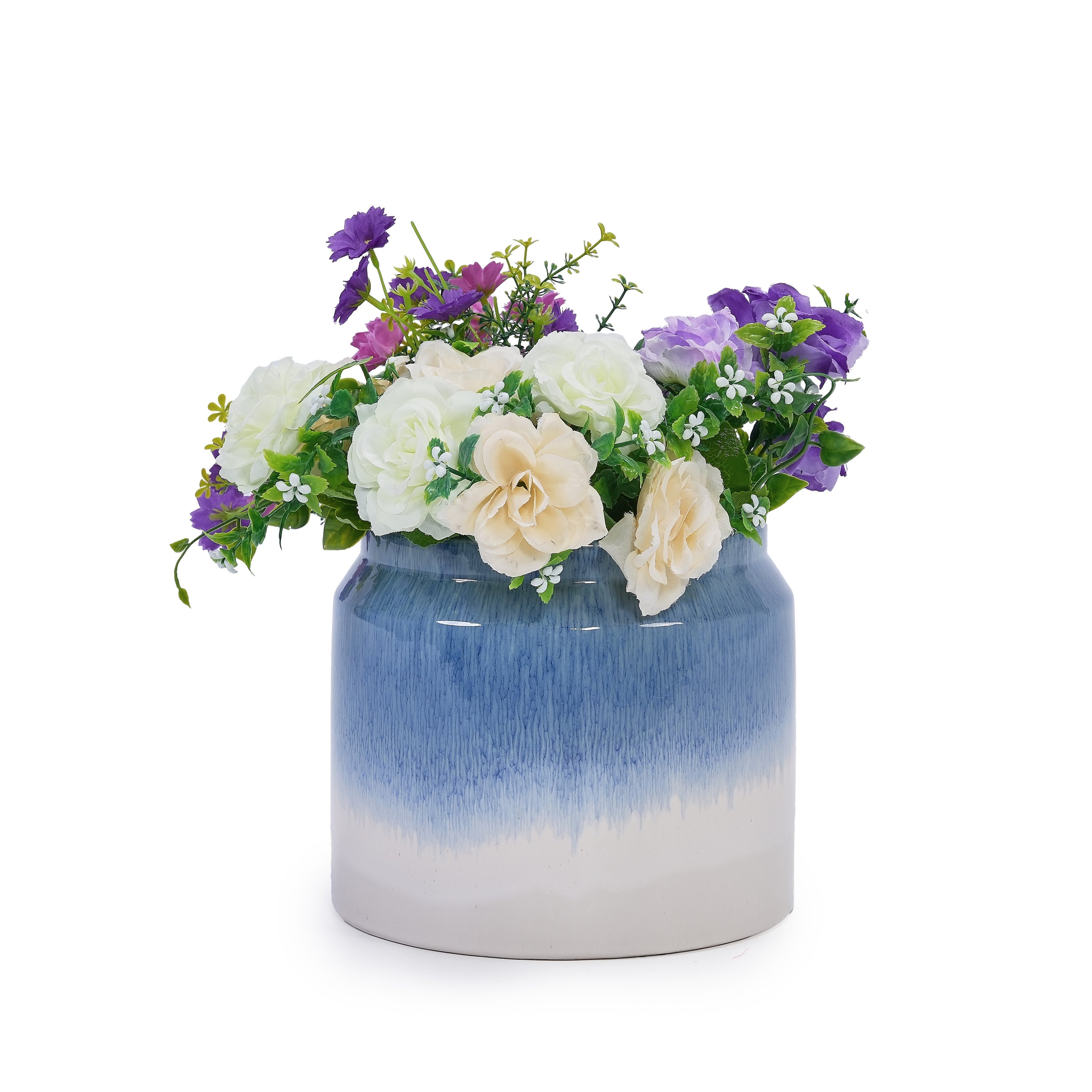Set of 2 Gradient Ceramic Flowerpot, Modern Planter for Patio, Garden, Windowsill - White Blue