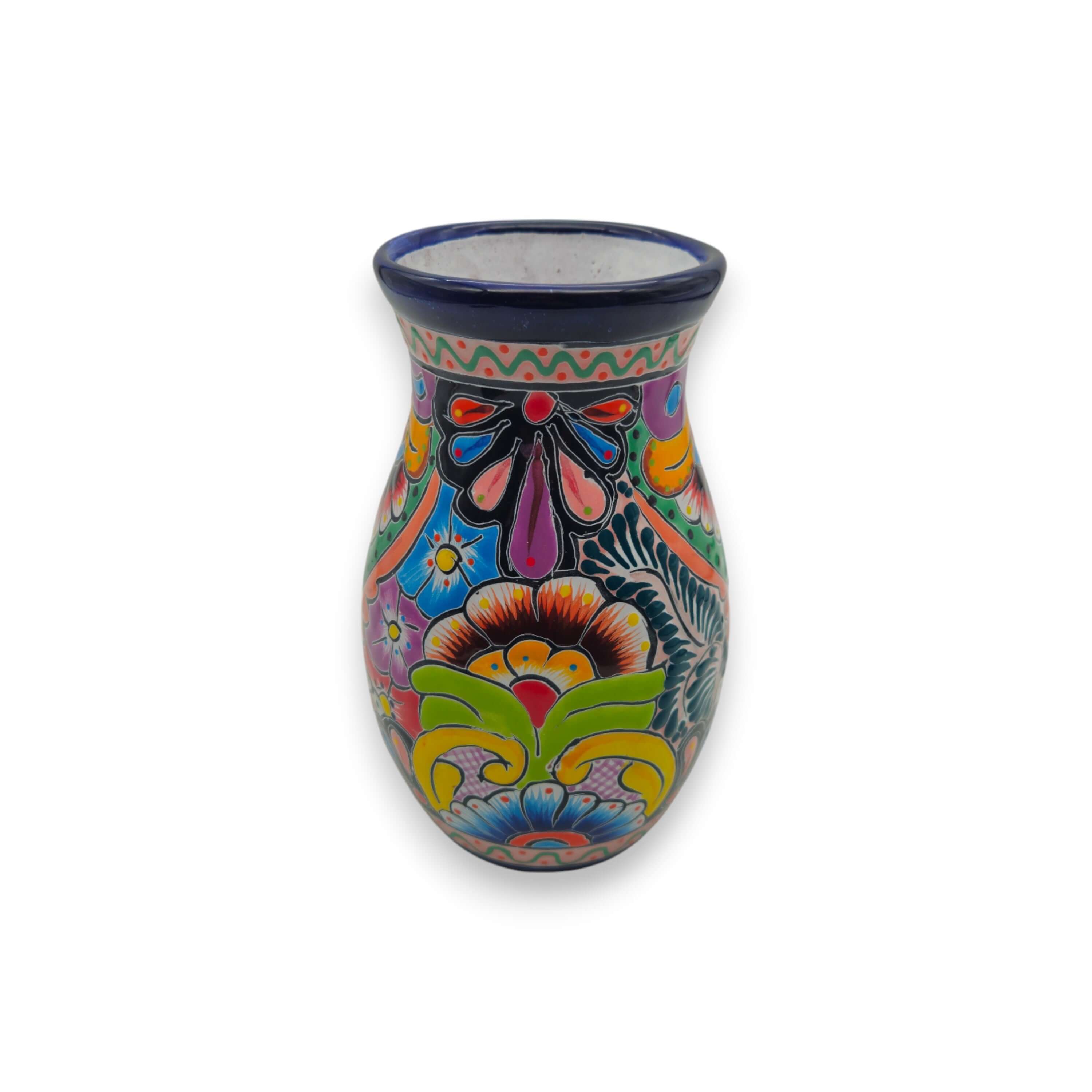 Cobalt Rim Talavera Vase | Multicolor Mexican Pottery