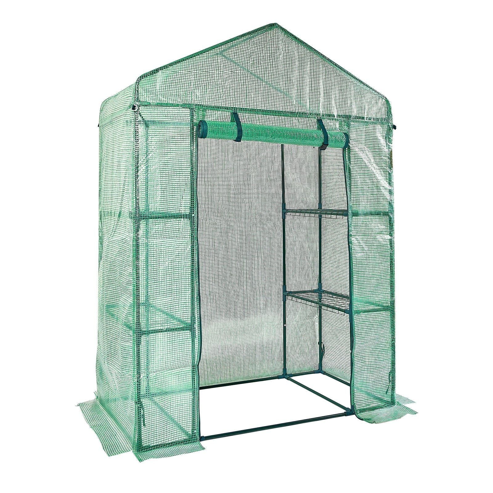 Walk-in Green House, 4.6 x 2.4 x 6.7 ft, Greenhouse with Shelves, High Strength PE Cover with Doors, Windows and Steel Frame, Set Up in Minutes, for Planting and Storage