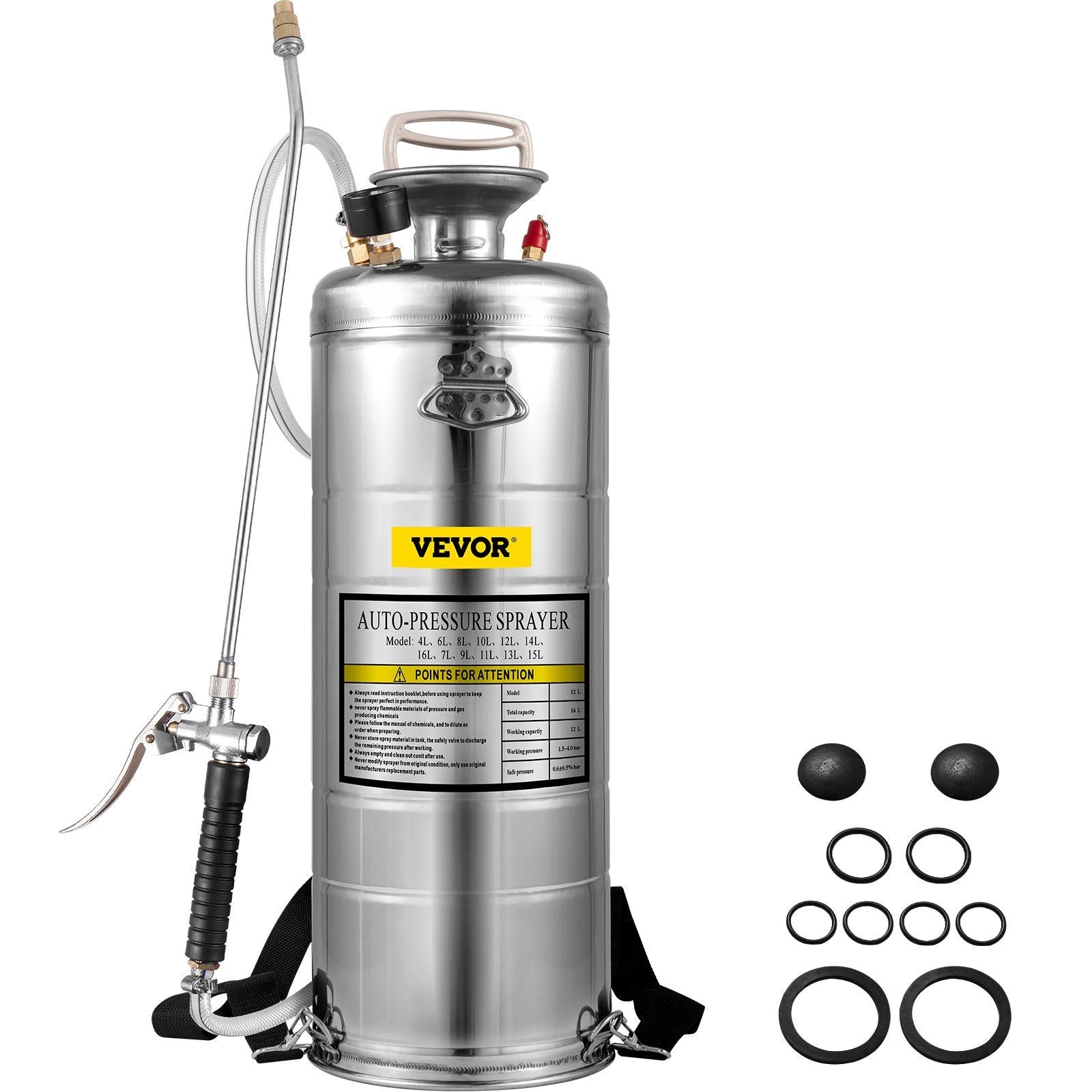 3.5Gal Stainless Steel Sprayer,l Set with 20" Wand& Handle& 3FT Reinforced Hose, Hand Pump Sprayer with Pressure Gauge&Safety Valve, Adjustable Nozzle Suitable for Gardening& Sanitizing
