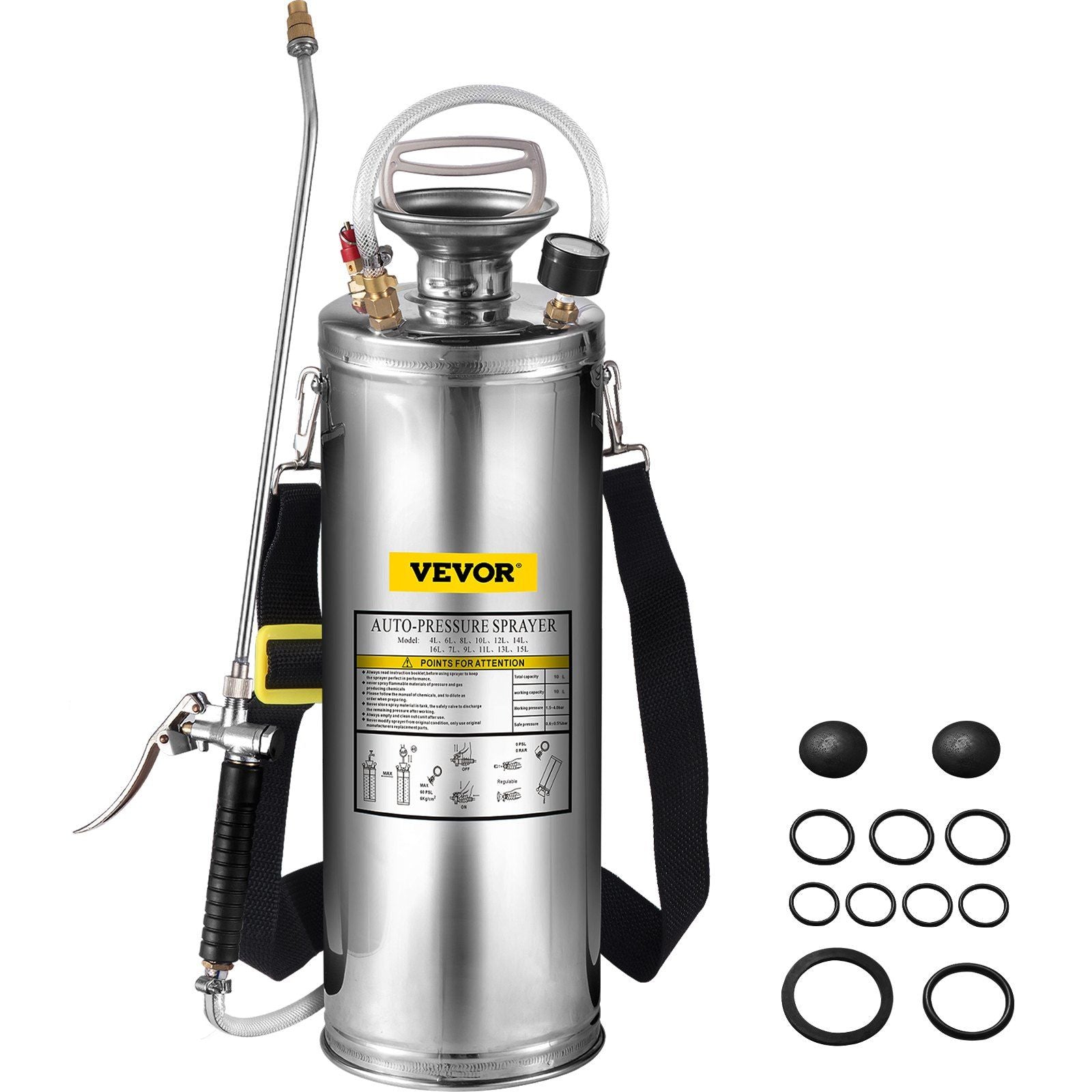 3Gal Stainless Steel Sprayer, Set with 20" Wand& Handle& 3FT Reinforced Hose, Hand Pump Sprayer with Pressure Gauge&Safety Valve, Adjustable Nozzle Suitable for Gardening and Sanitizing