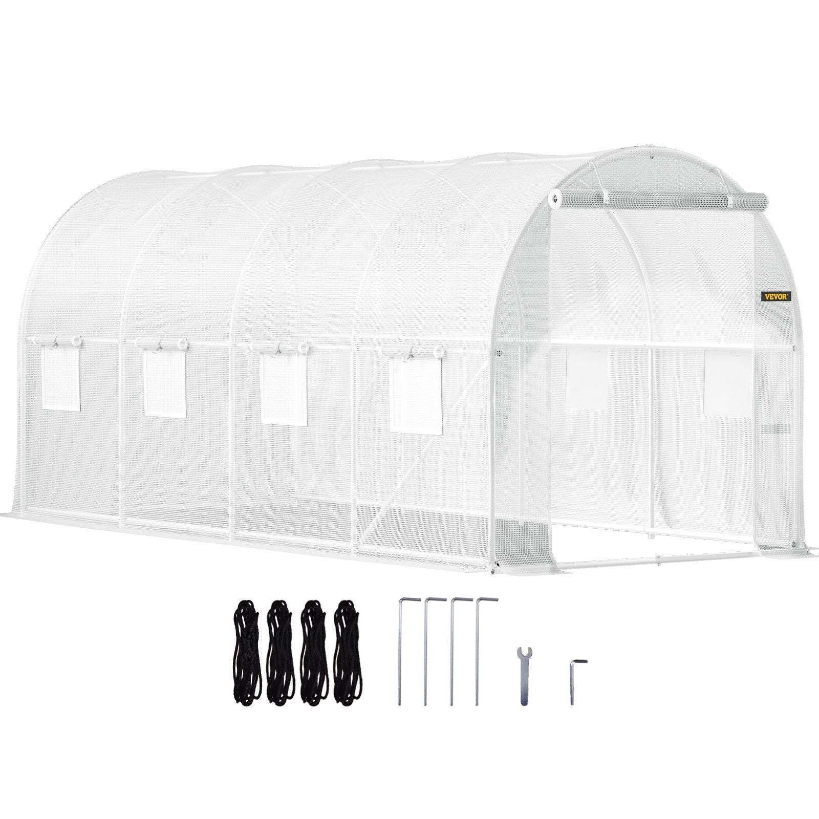 Walk-in Tunnel Greenhouse, 15 x 6.5 x 7 ft Portable Plant Hot House w/ Galvanized Steel Hoops, 1 Top Beam, Diagonal Poles, Zippered Door & 8 Roll-up Windows, White