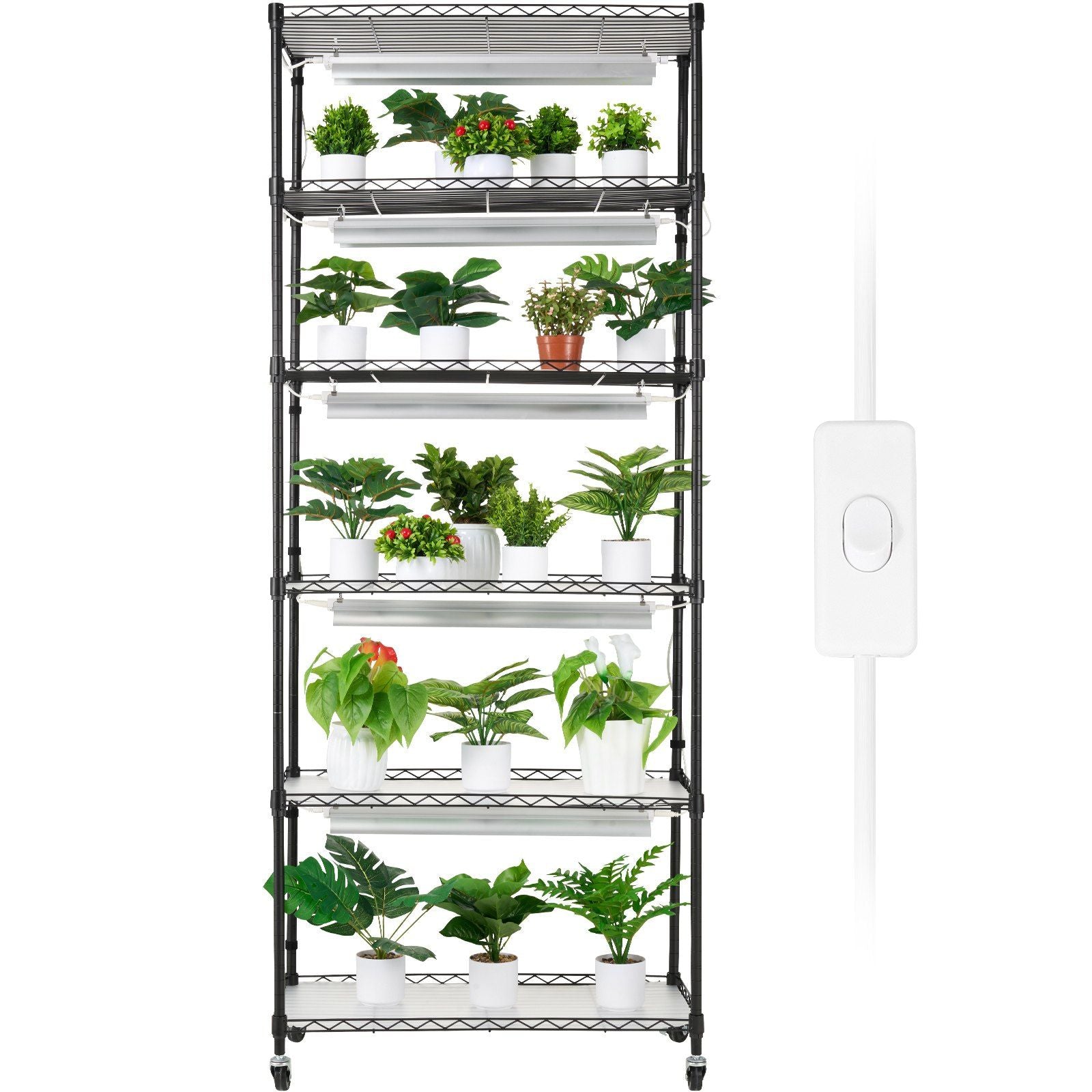 DIY Plant Stand with Grow Light, 6-Tier Large Tall Plant Shelf with 192W 5000K Full Spectrum Grow Lights, Indoor Grow Light Shelf with Wheels for Seed Starting 29.5" L x 13.8" W x 70.9" H