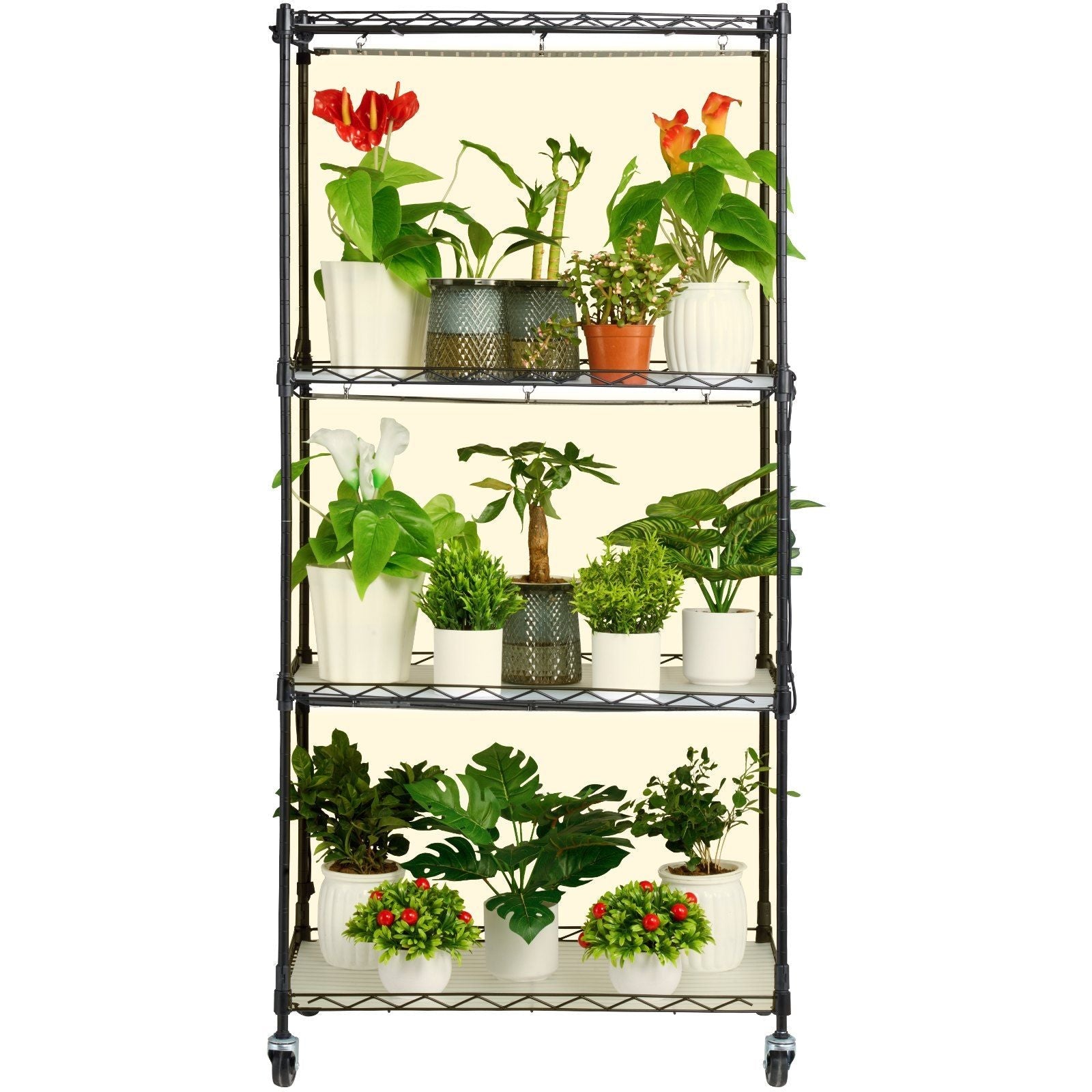 Plant Stand with Grow Light, 4-Tier Plant Shelf with 45W Full Spectrum Grow Light, 3 Mode Plant Light with Timer and Wheel for Seed Starting, Metal Grow Light Shelf for Indoor Plants