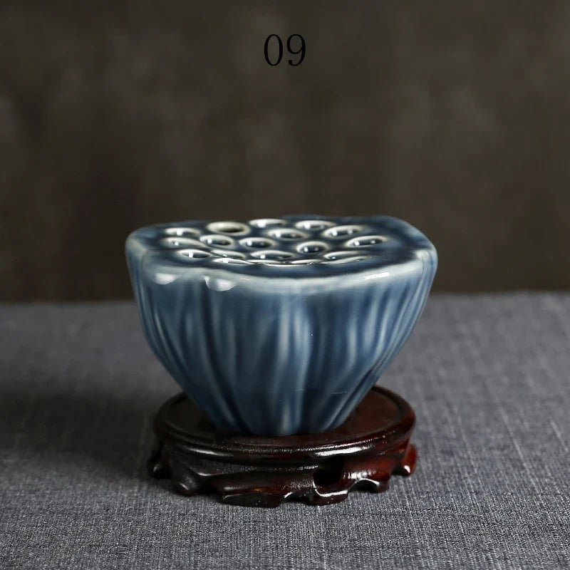 Japanese Ceramic Lotus Ikebana Flower Vase – Zen Floral Vessel with Built-In Frog Holder
