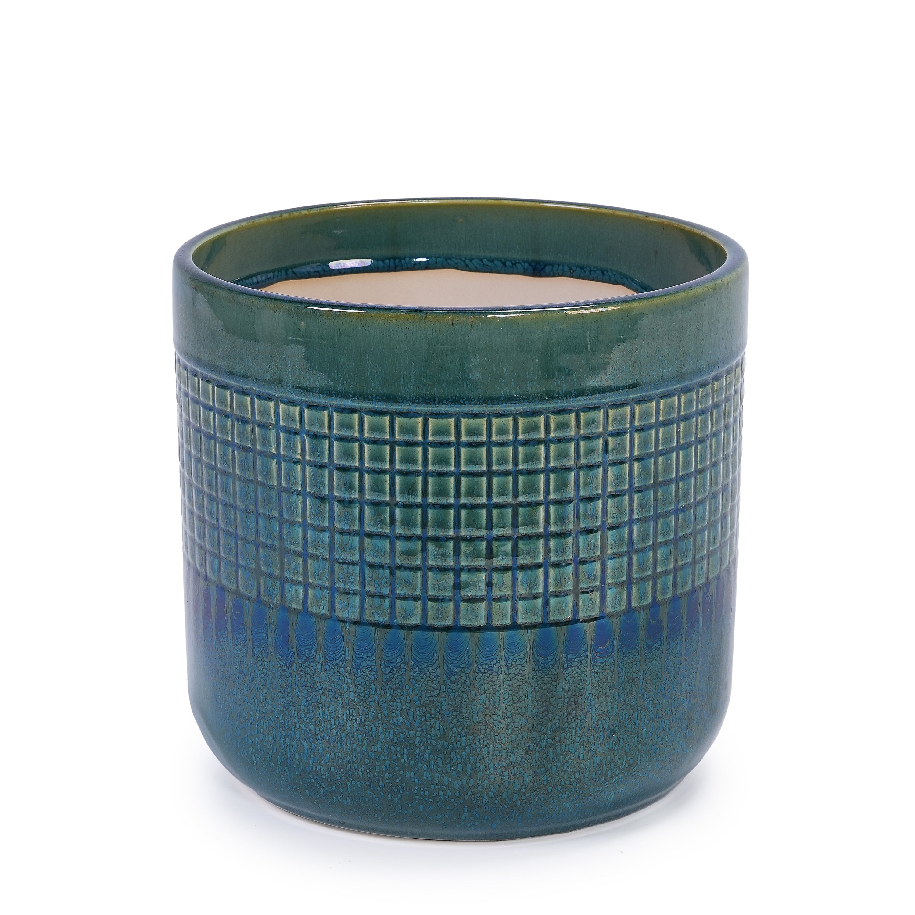 Set of 3 Grid Ceramic Flowerpot, Modern Planter for Patio, Garden, Windowsill - Blue Green