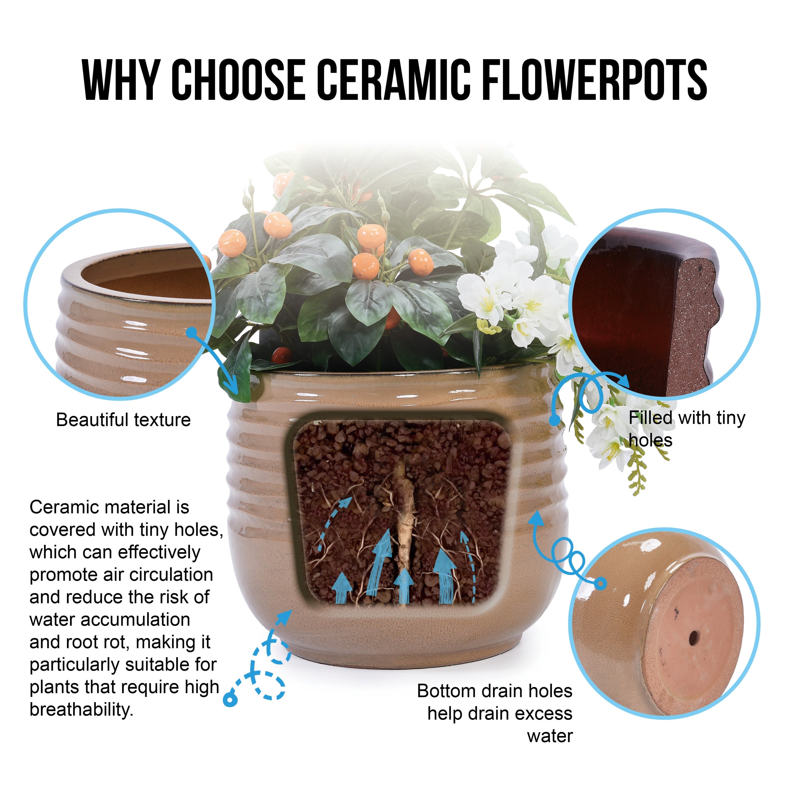 Set of 3 Ceramic Flowerpot, Modern Planter for Patio, Garden, Windowsill - Antique Bronze