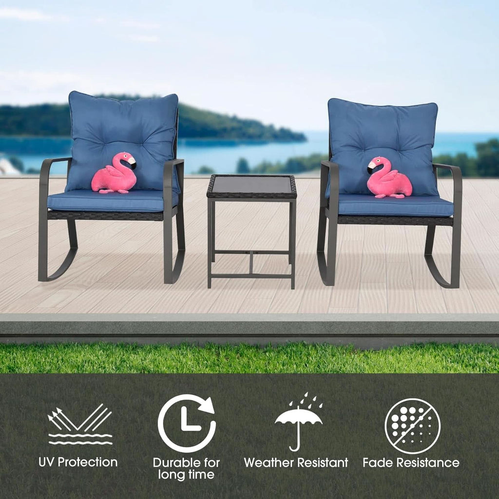 Blue 3 Piece Patio Bistro Set With Rocking Chairs And Cushioned Seats For Outdoor Yard Garden