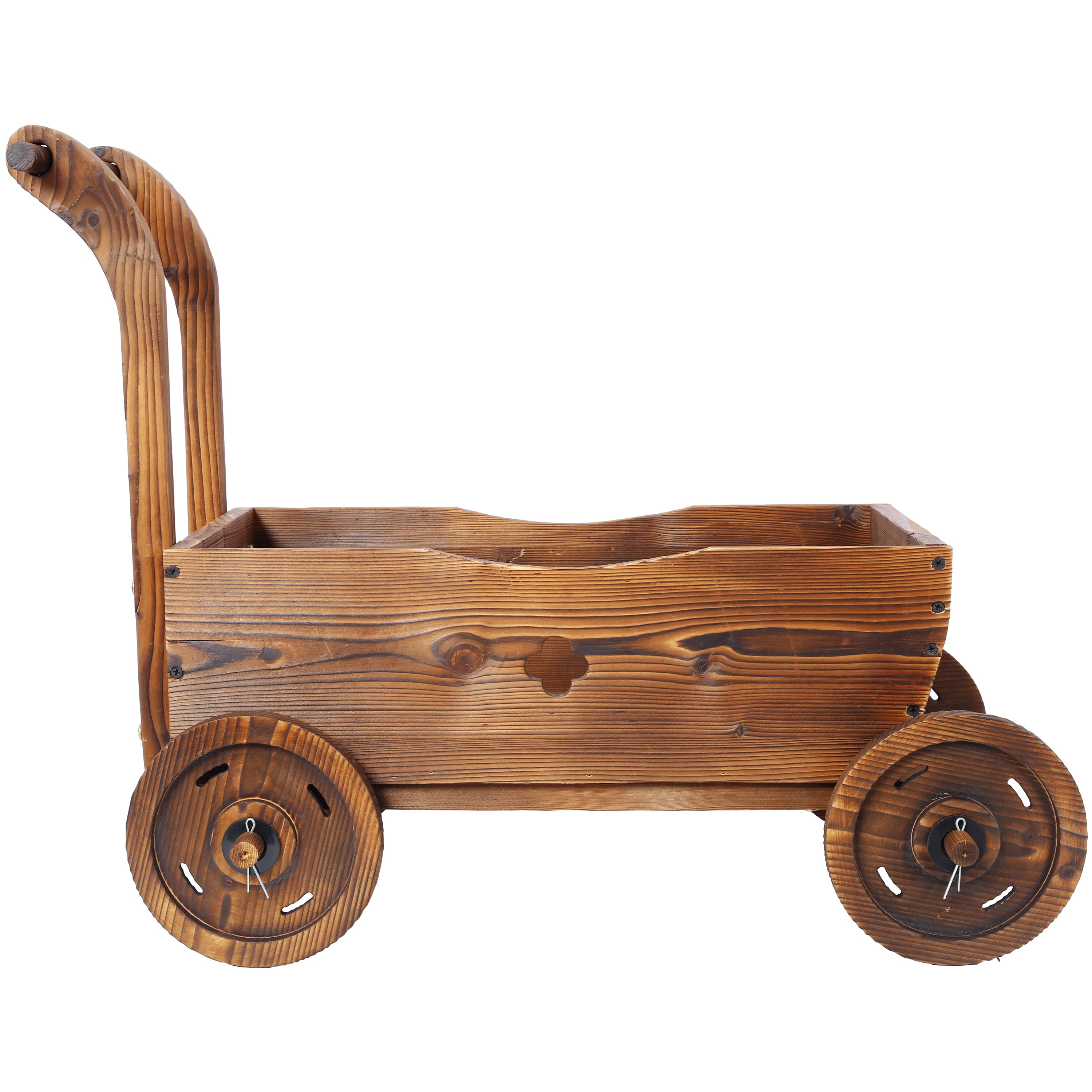 Wooden Wagon Planter Box, Mobile Garden Planter with Wheels, Handle, Drain Hole, Brown Wood, 26.5 x 14.1 x 21.2 inches