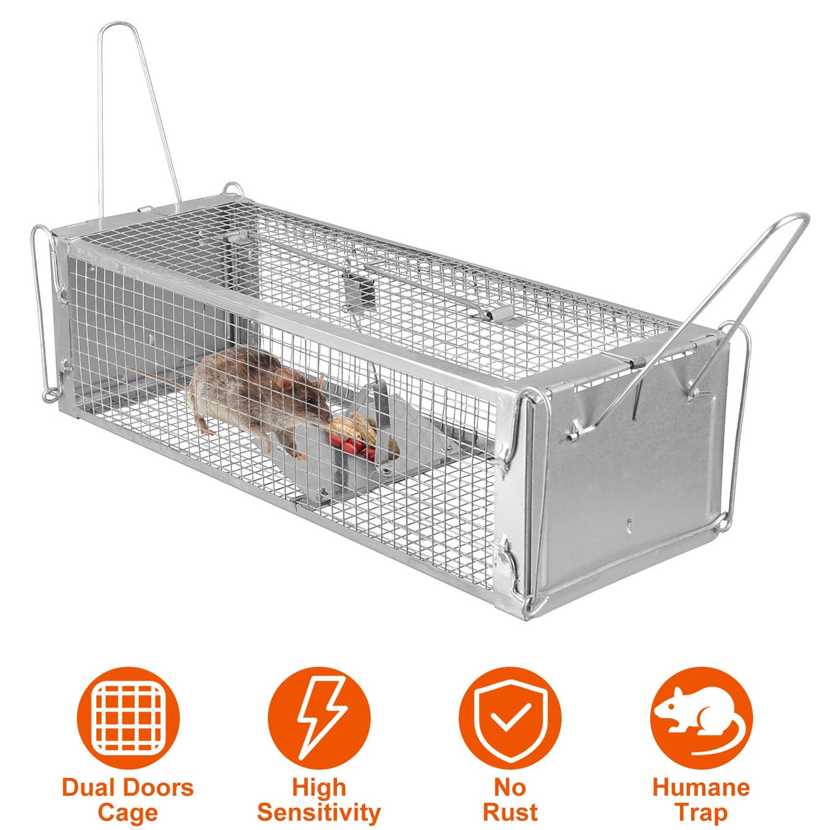 Dual Door Rat Trap Cage Humane Live Rodent Dense Mesh Trap Cage Zinc Electroplating Mice Mouse Control Bait Catch with 2 Detachable U Shaped Rod