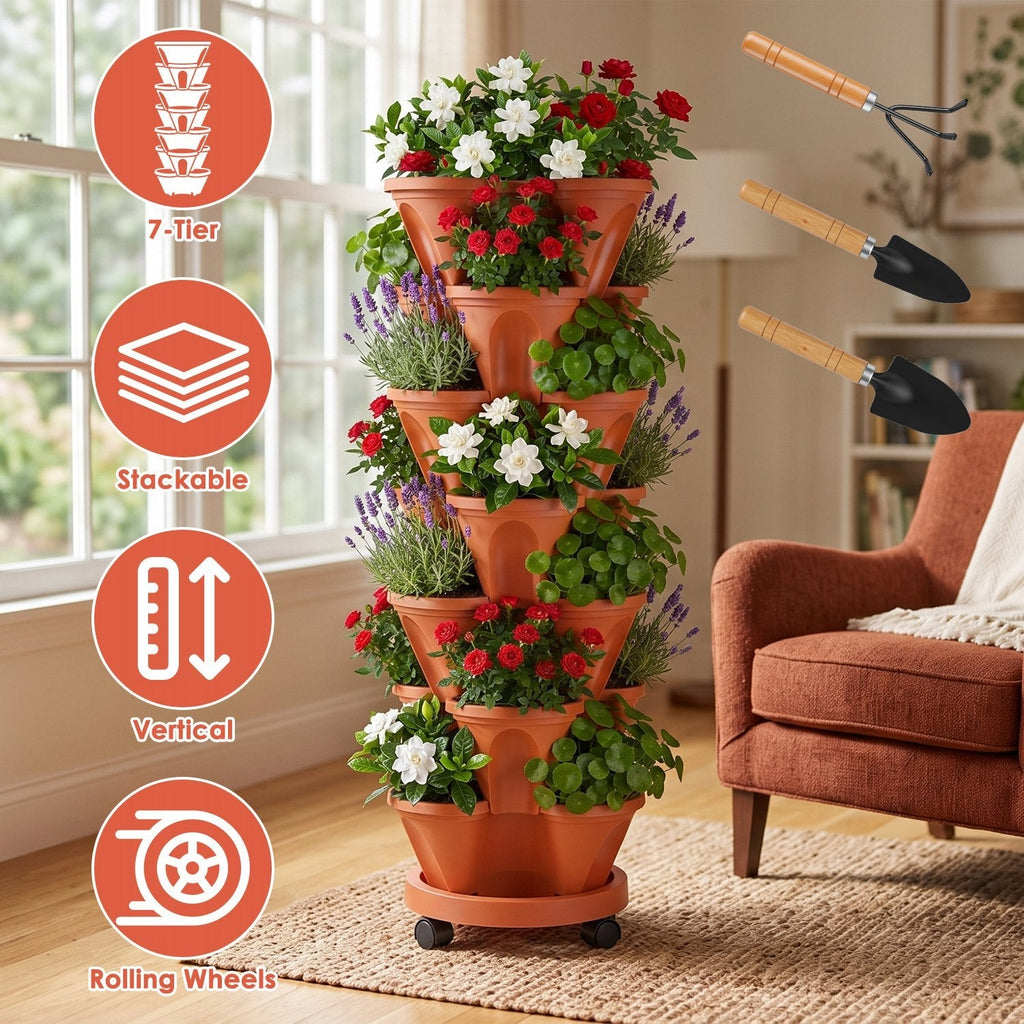 7-Tier Stackable Vertical Planter with Wheels and Drainage