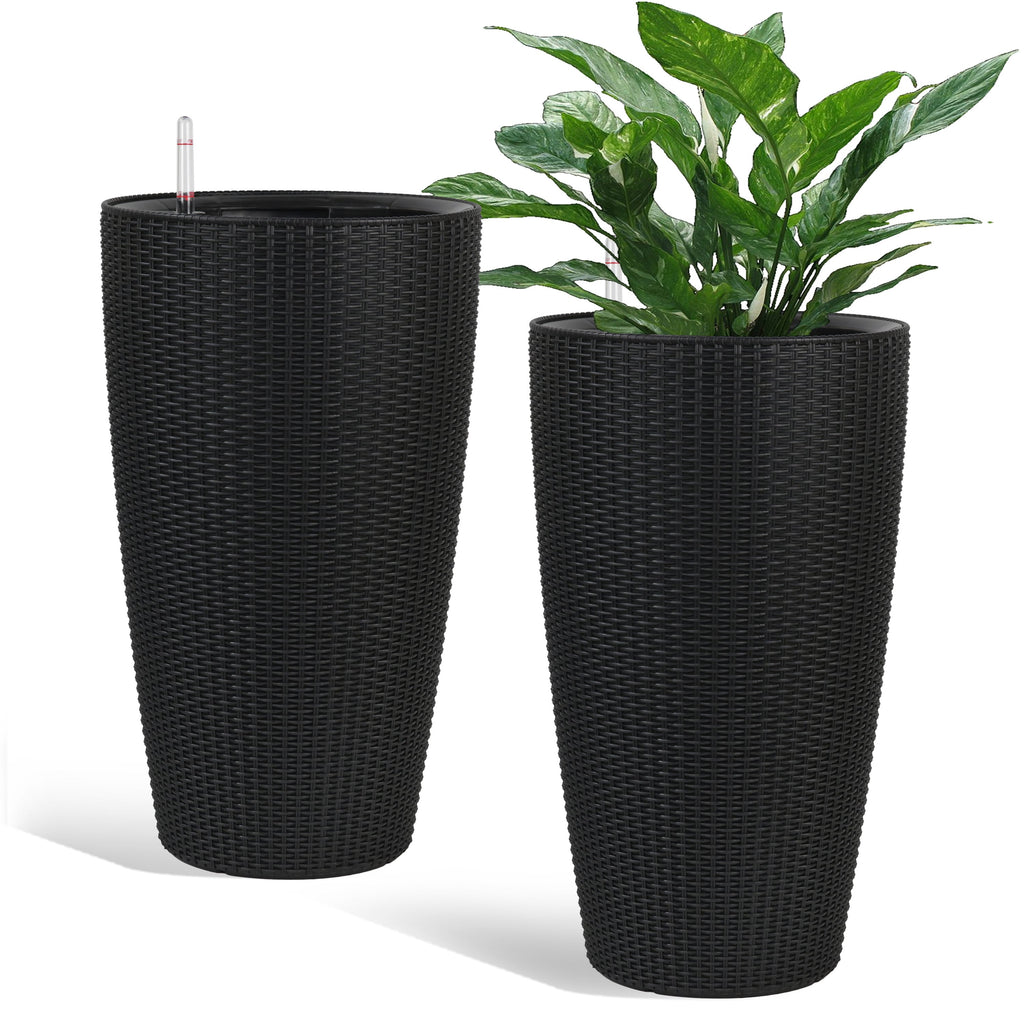 Indoor/Outdoor Modern The appearance is made of imitation rattan Design Planter,22.5 inch Black Plastic Large Plant Pot With Automatic Watering System for Home and Garden  (Black, 22.5 inch - 2 Pack)