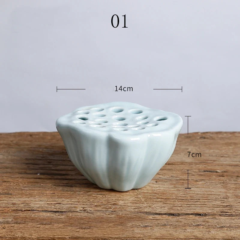 Japanese Ceramic Lotus Ikebana Flower Vase – Zen Floral Vessel with Built-In Frog Holder