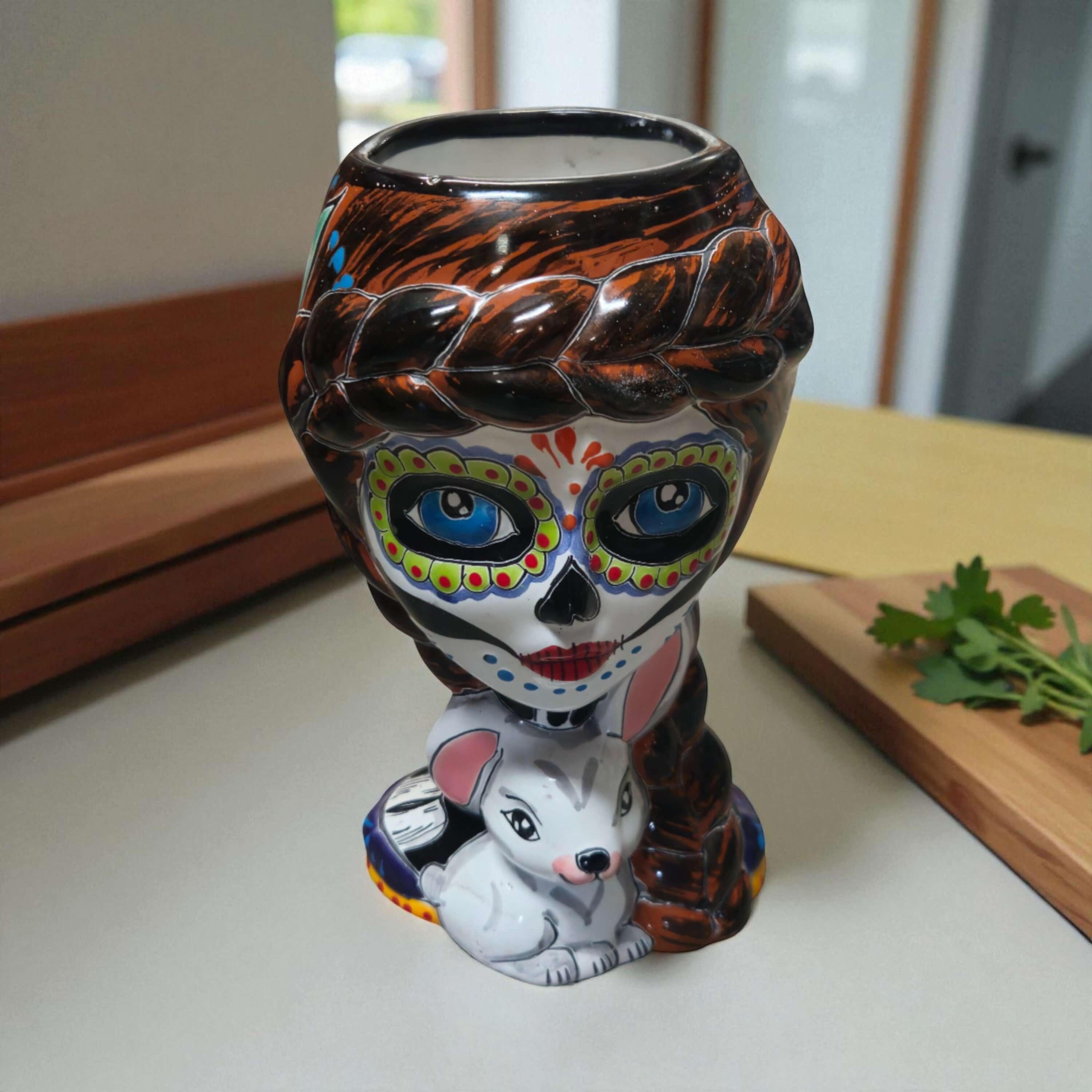 Day of the Dead Lady & Bunny Planter | Hand-Painted Talavera Pot
