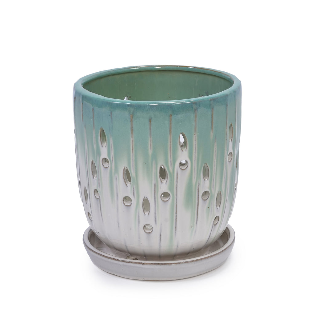 Set of 2 Ceramic Flowerpot with Drainage Hole, 8' Modern Planter for Patio, Garden, Windowsill - White Green