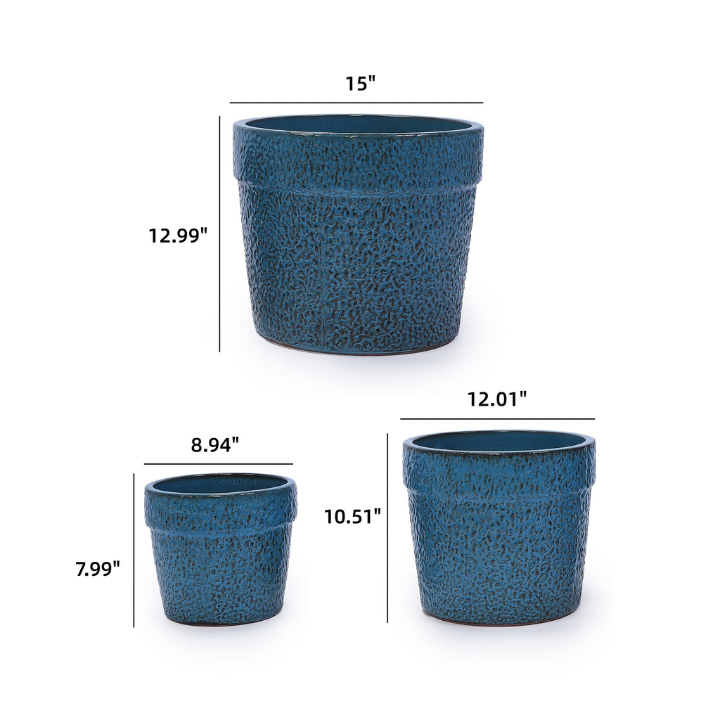 3 Pieces Ceramic Flowerpot, Modern Planter for Patio, Garden or Windowsills - Antique Blue