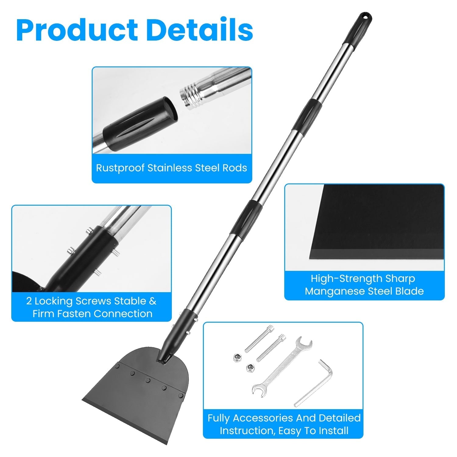 53In Flat Snow Shovel Ice Scraper Manganese Steel Snow Ice Chopper for Walkway Pathway Driveway Ice Removal Gardening Cleaning Scraper Shovel for Weed