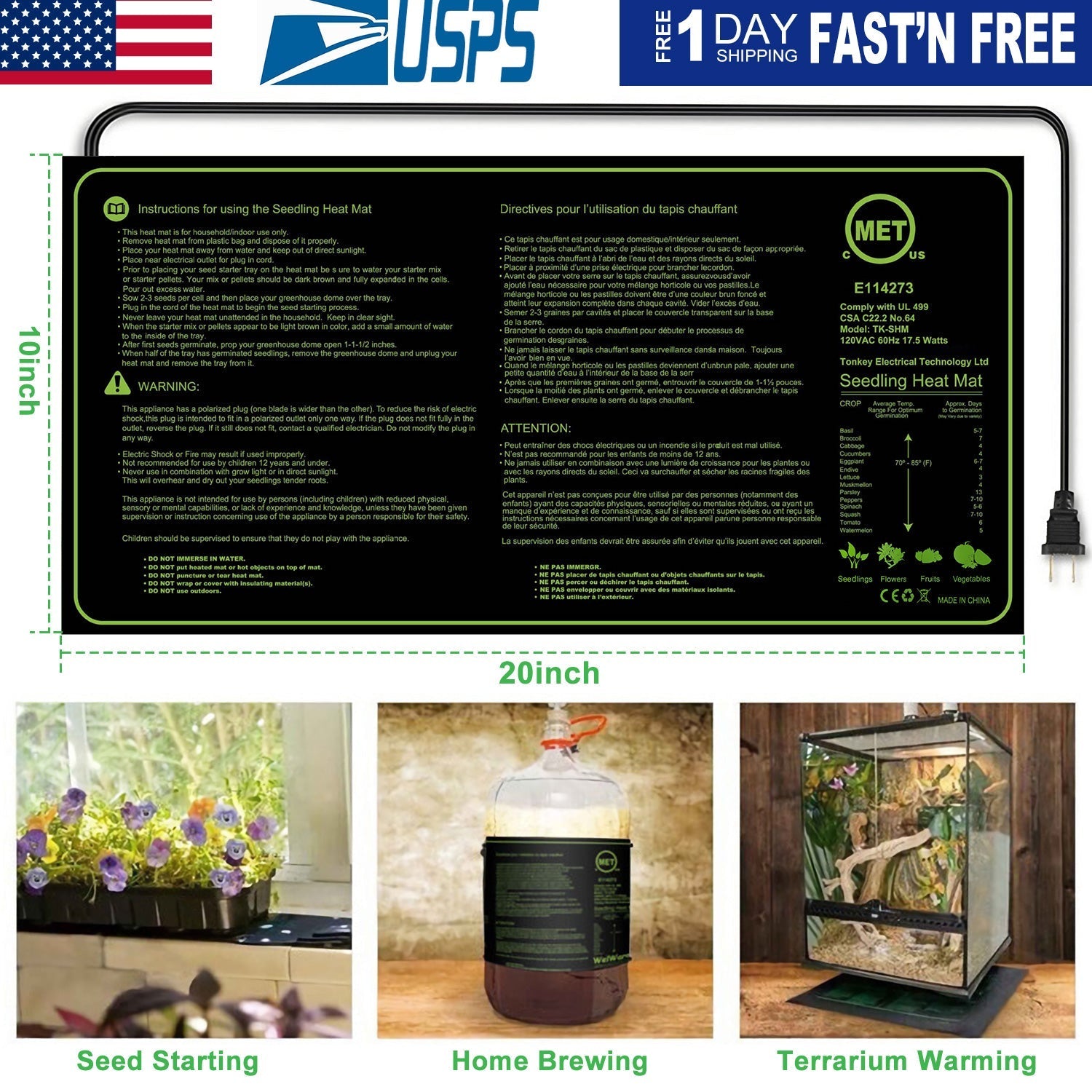 10" x 20" Seedling Heat Mat IP67 Waterproof Plant Warm Hydroponic Heating Pad 17.5W for Seed Germination Cloning Plant Propagation