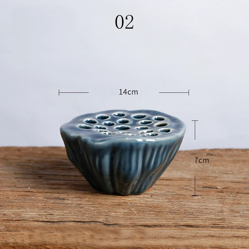 Japanese Ceramic Lotus Ikebana Flower Vase – Zen Floral Vessel with Built-In Frog Holder