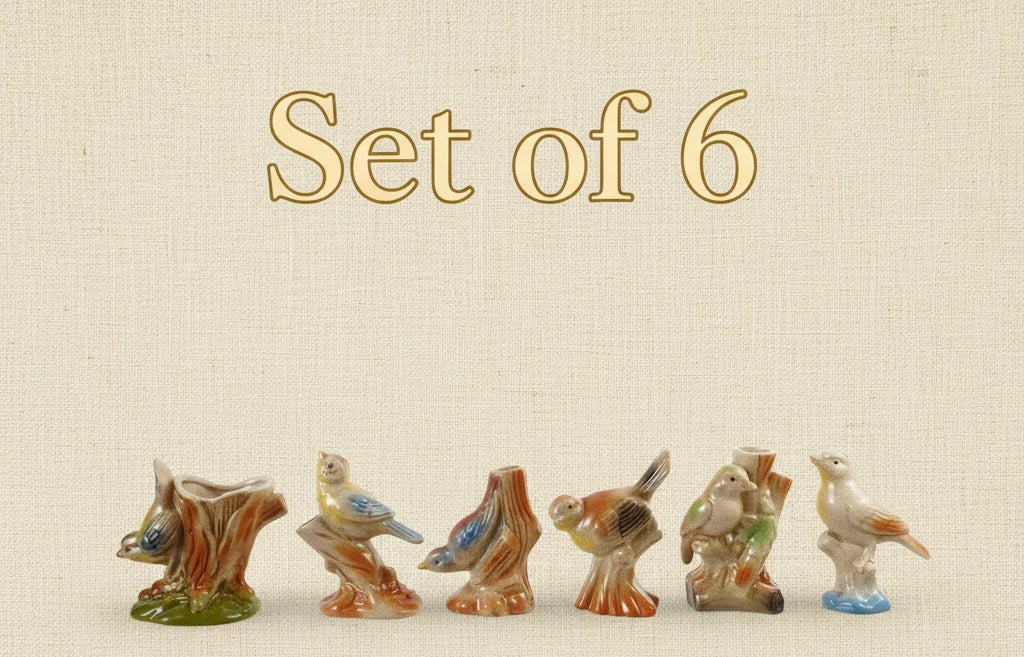 Set of 6 Vintage Reproduction Hand-Painted Bird Bud Vases