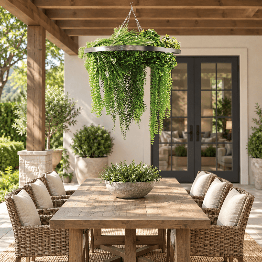 Artificial Hanging Plant Chandelier – Draping Fern Circular Ring (33in long) Silver Frame – UV Resistant