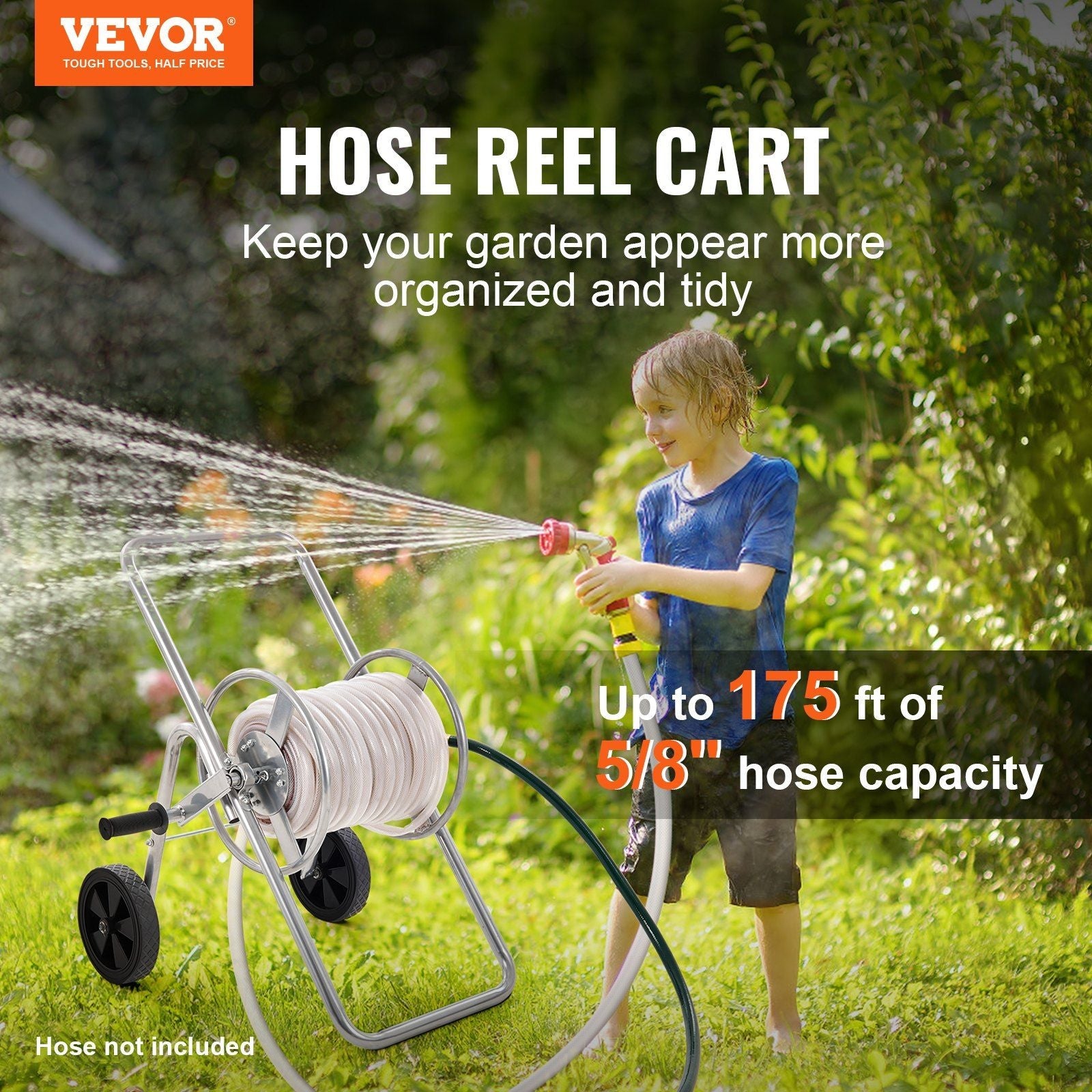 Hose Reel Cart, Hold Up to 175 ft of 5/8'' Hose (Hose Not Included), Garden Water Hose Carts Mobile Tools with Wheels, Heavy Duty Powder-coated Steel Outdoor Planting for Garden, Yard, Lawn
