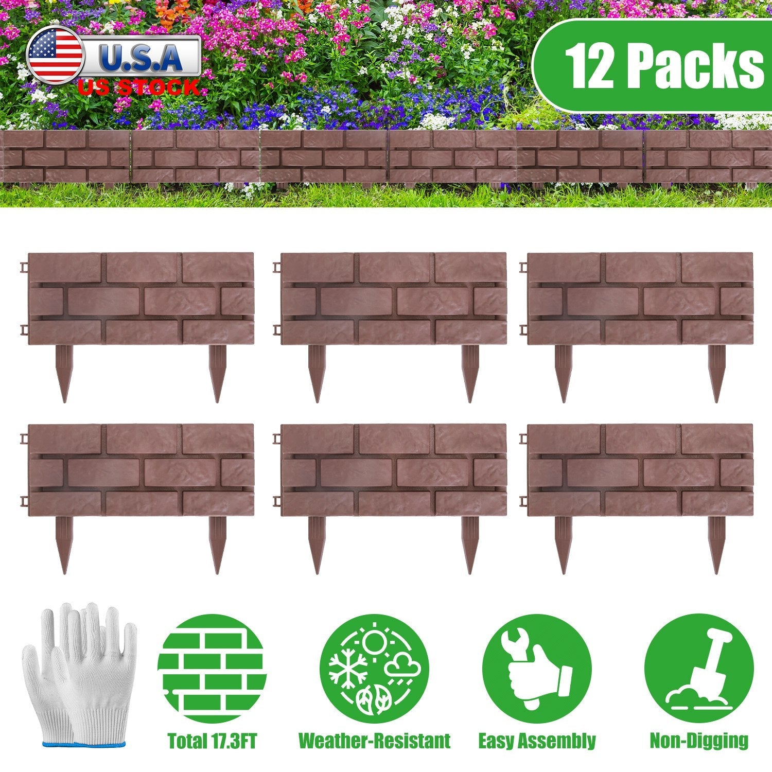 Garden Border Edging Panels 12-Pack with Rotatable Connectors