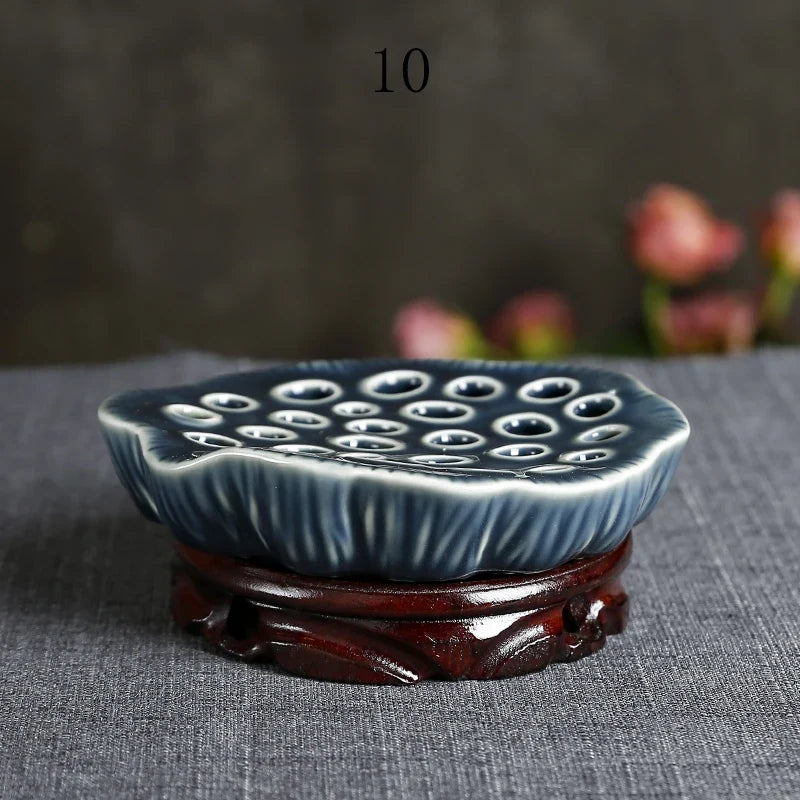 Japanese Ceramic Lotus Ikebana Flower Vase – Zen Floral Vessel with Built-In Frog Holder