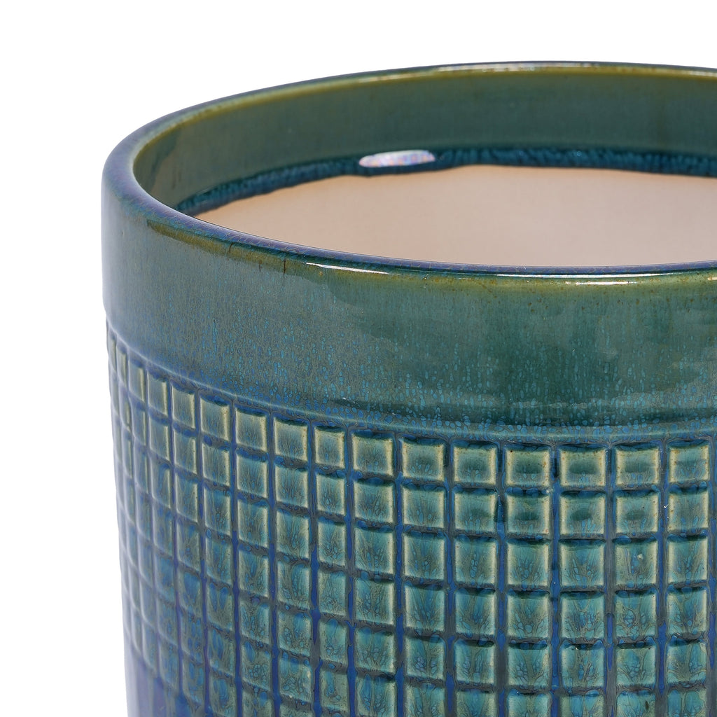 Set of 3 Grid Ceramic Flowerpot, Modern Planter for Patio, Garden, Windowsill - Blue Green