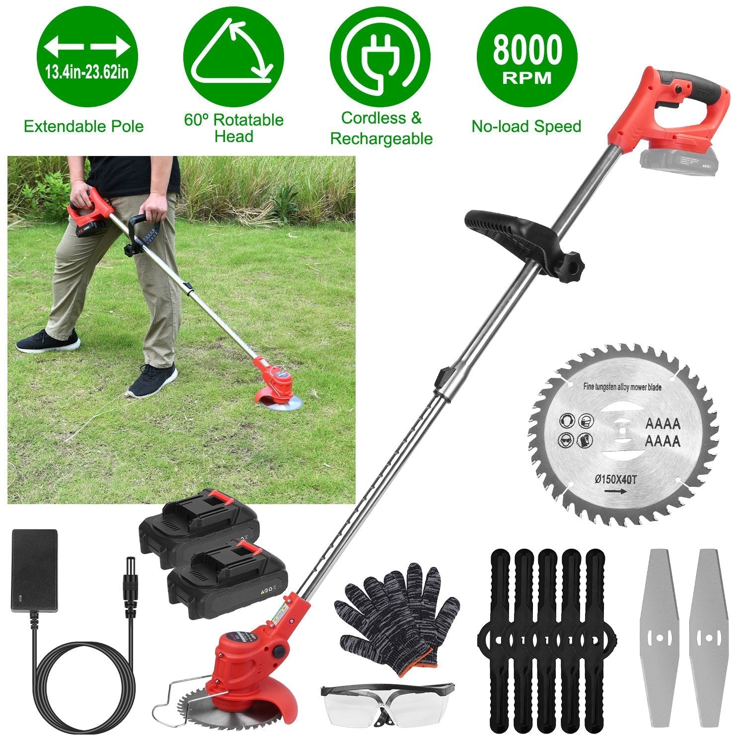 Electric Cordless Grass Trimmer Rechargeable Lawn Mower Weed Cutter with 2 Alloy Saw Blades 2 Alloy Blades 10 Plastic Blades 2 Rechargeable Batteries
