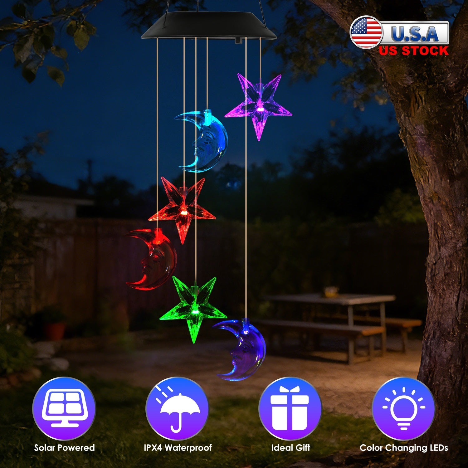 Solar Moon and Star Wind Chime 7 Color Changing Wind Chime for Outside IPX4 Waterproof Outdoor Garden Yard Decor