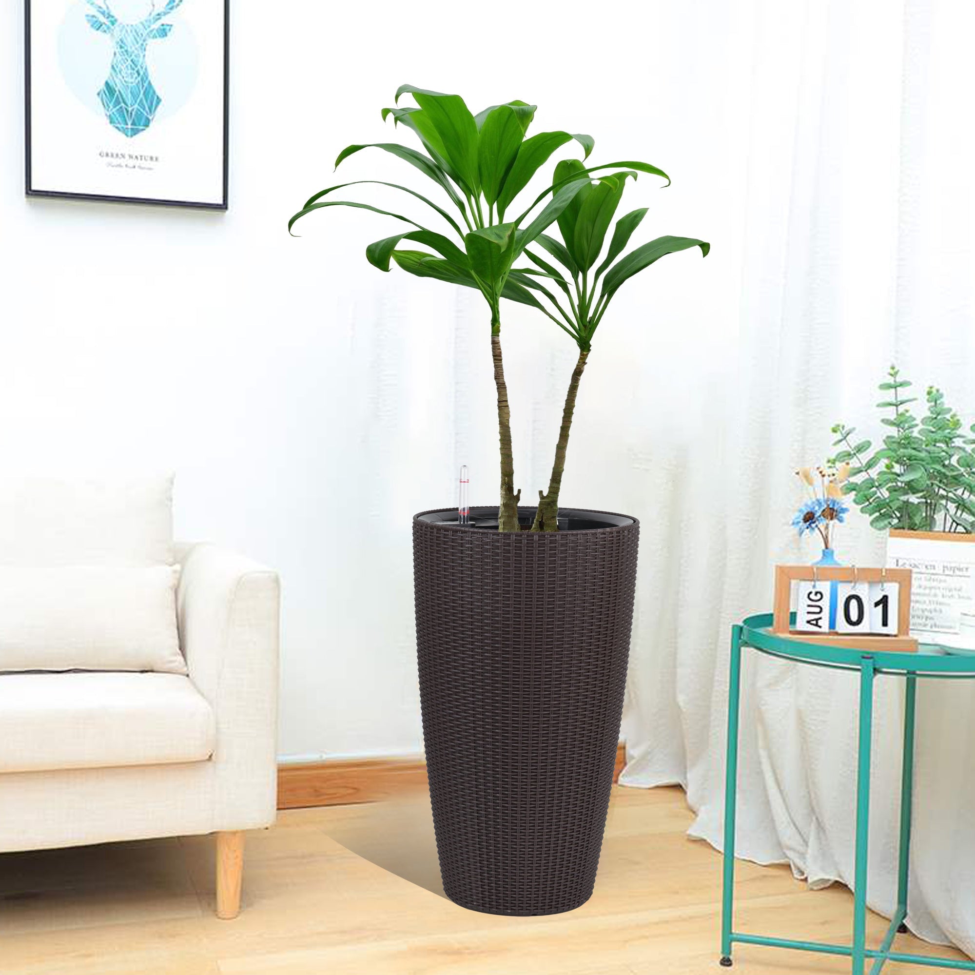 Faux Rattan Tall Planters Set of 2 with Water Level Monitor and Automatic Watering, Brown, 22 Inch