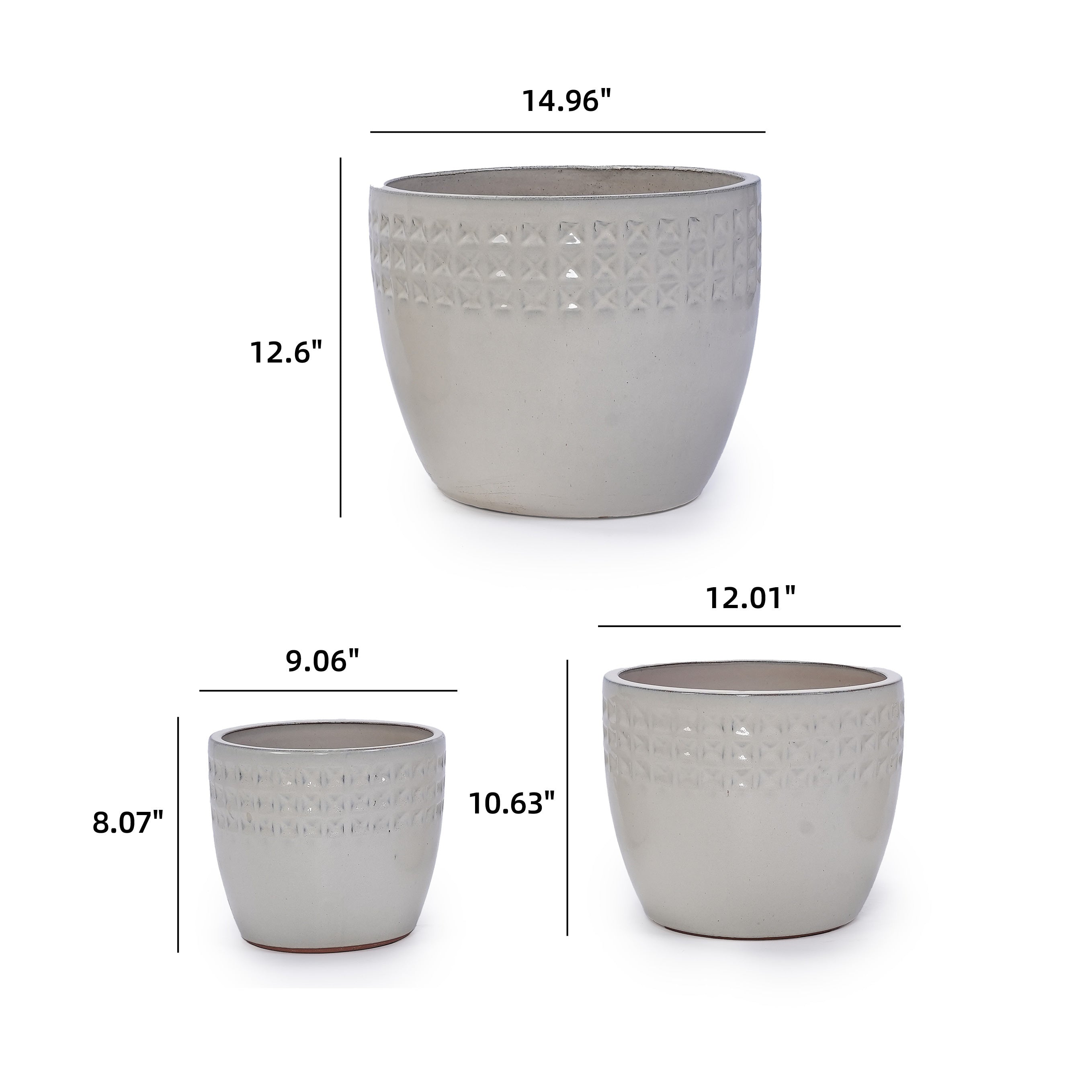 Set of 3 Ceramic Flowerpot, Modern Planter for Patio, Garden, Windowsill - Ancient White