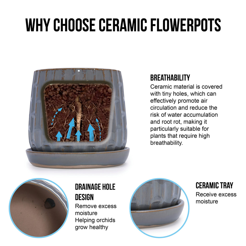 Set of 2 Ceramic Flowerpot, 7' Modern Planter for Patio, Garden, Windowsill - Grey