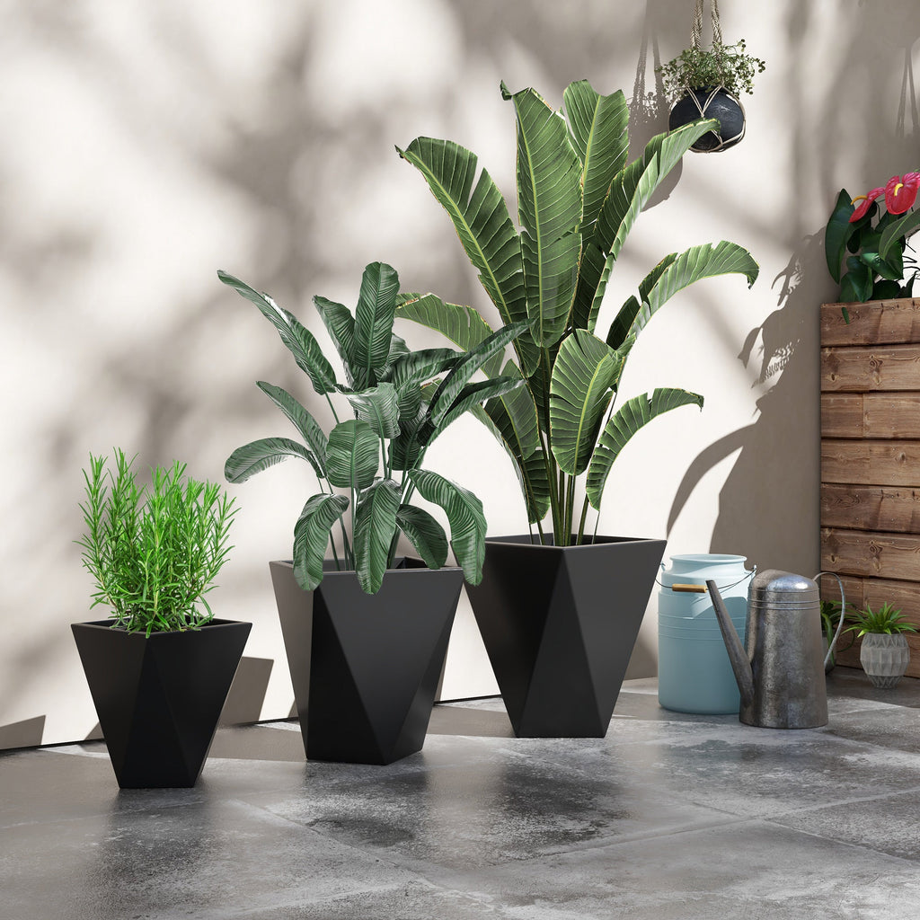 Outsunny Set of 3 Tall Planters, 18', 15.25', 11.75', MgO Indoor Outdoor Planters with Drainage Holes, Stackable Flower Pots for Garden, Patio, Balcony, Front Door, Black